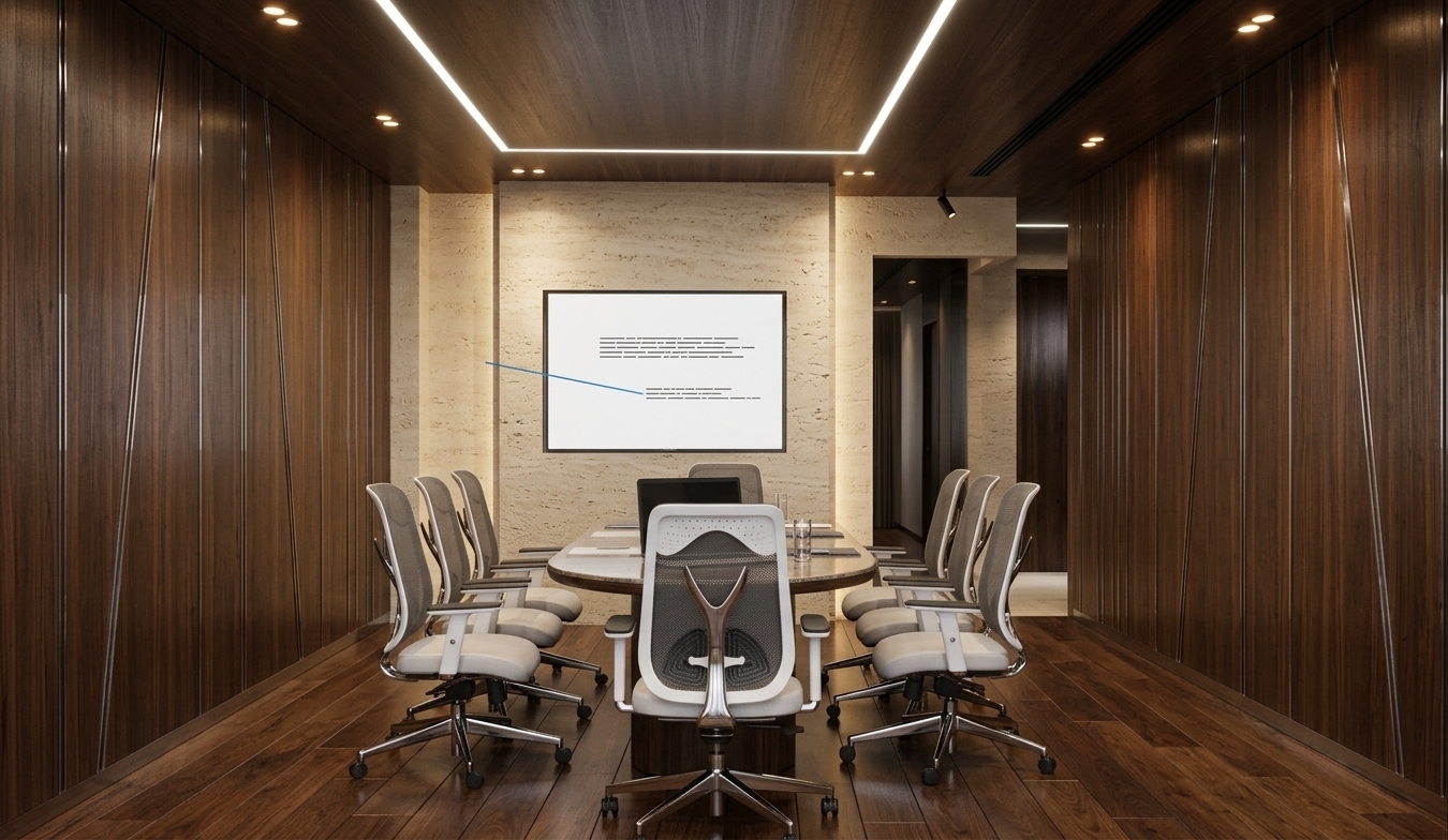 An incredibly lifelike, richly detailed, photorealistic eye-level interior photo of a sophisticated executive conference suite and home office set in a contemporary luxury corporate residence. The scene is illuminated by recessed linear architectural lights and warm ceiling spotlights that cast a balanced, ambient glow, creating a refined and elegant atmosphere. Captured with a professional wide-angle lens, emphasizing the rich dark walnut wall paneling, polished dark hardwood floors, and a stunning cream-toned textured stone feature wall behind the sleek integrated media screen. A finely crafted oval meeting table is surrounded by high-end, ergonomic mesh chairs with crisp white frames and slim metallic accents, delivering an understated yet unmistakably luxurious, modern aesthetic.