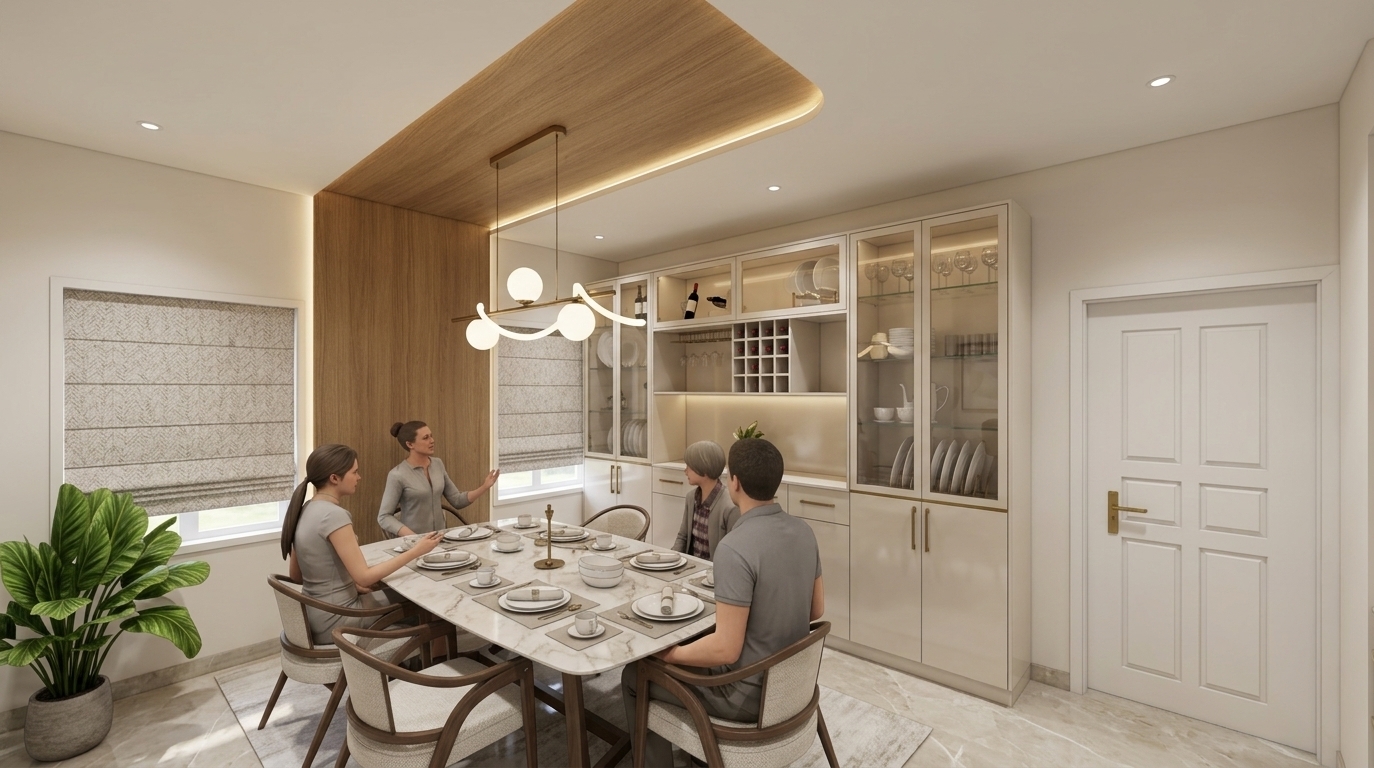 An incredibly lifelike, richly detailed, photorealistic eye-level wide shot of a contemporary dining room set in an elegant, light-filled modern residence. The scene is illuminated by soft midday ambient light harmoniously balanced with warm integrated cove LEDs and a sculptural multi-globe pendant fixture, creating an understated, refined, and welcoming atmosphere. Captured with a professional 24mm architectural lens, emphasizing the rich vertical grain of the seamless oak ceiling-to-wall canopy, the polished marble floor and tabletop, and the tailored upholstered dining chairs with delicate wooden framing. Four figures are gathered around the immaculately dressed dining table in lively conversation, set against a bespoke floor-to-ceiling pearl-white and glass display credenza showcasing curated glassware and slim metal accents. Complementing the soothing palette of warm white, champagne, and soft gray, patterned Roman shades and a vibrant potted plant complete this balanced expression of contemporary elegance.