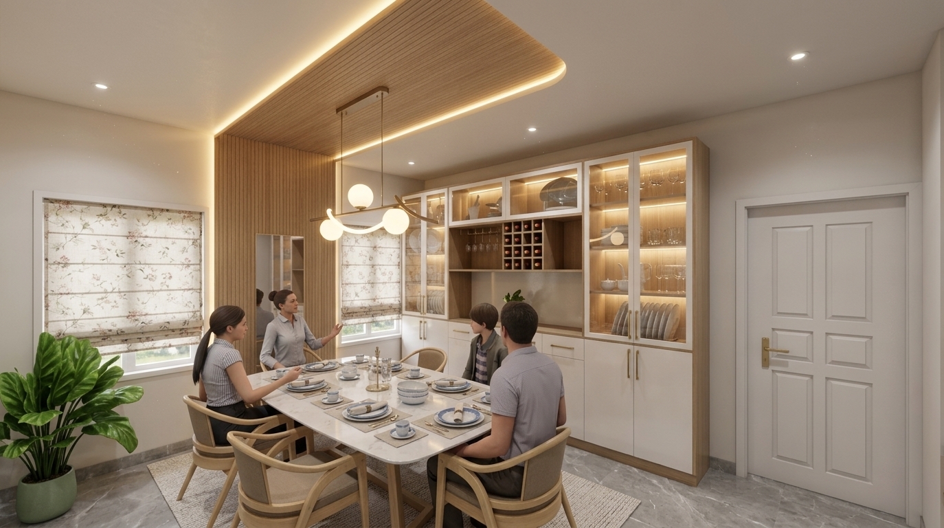 An incredibly lifelike, richly detailed, photorealistic wide-angle shot of an elegant dining room set in a light-filled contemporary residence at midday. The scene is illuminated by soft ambient daylight filtering through floral-patterned Roman shades, layered seamlessly with warm, concealed LED cove lighting along the architectural wood ceiling feature and glowing backlit display cabinetry, creating a sophisticated and welcoming atmosphere. Captured with a 24mm tilt-shift lens, emphasizing the fine vertical wood grain, polished gray marble floor tiles, tailored beige upholstery, and gleaming brushed-gold hardware. 

At the center, four diners enjoy conversation around a rounded, polished white stone dining table immaculately set with porcelain dishware and linen napkins, framed by modern blonde-wood armchairs upon an understated textured area rug. An architectural L-shaped warm timber canopy sweeps seamlessly from the accent wall across the ceiling, anchoring a sculptural modern chandelier with glowing frosted spheres. Complementing the space, a full-height, bespoke white and oak credenza displays curated glassware and a built-in wine rack behind illuminated glass doors, balanced by a vibrant potted plant that introduces a touch of organic vitality to the clean-lined, luxurious interior.