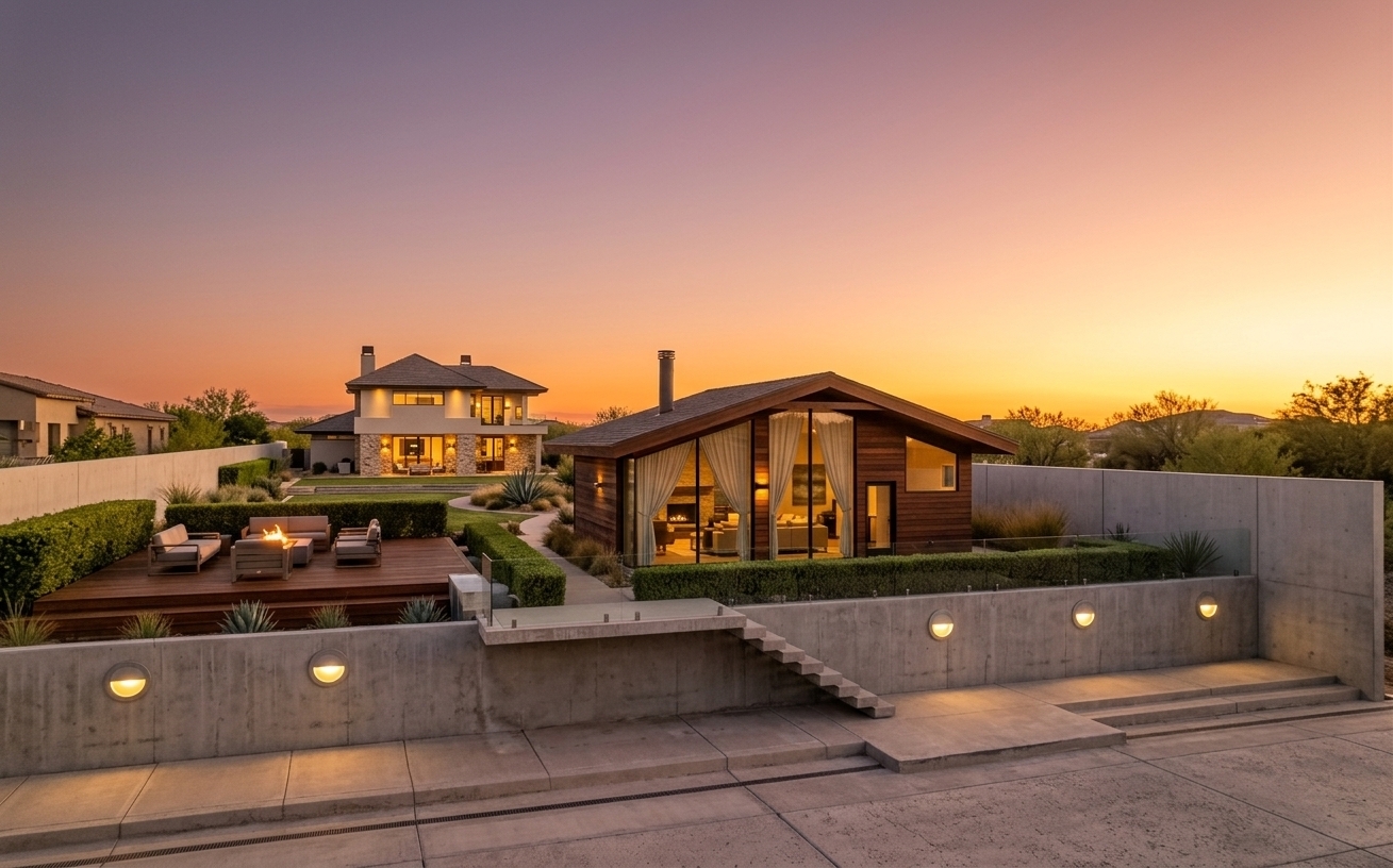 An incredibly lifelike, richly detailed, photorealistic low-angle architectural exterior shot of a modern desert retreat set in a tranquil landscape during a vibrant spring evening. The scene is illuminated by the golden, radiant glow of the setting sun, creating a warm, peaceful, and luxurious atmosphere. Captured with a full-frame camera and a 24mm tilt-shift lens, emphasizing the rich grain of the horizontal timber cladding, smooth architectural concrete surfaces, and crystal-clear glass reflections. The foreground cabin features rich horizontal timber siding and sweeping floor-to-ceiling windows softened by elegant, sheer linen curtains that reveal a cozy, ambiently lit living space within. To the left, the expansive wooden deck is styled as an inviting outdoor lounge, complete with contemporary low-profile seating gathered around a glowing fire pit. Lush, meticulously trimmed hedges trace the clean lines of the perimeter walls, seamlessly framing a verdant garden with flowing pathways that connect to the illuminated main villa in the background, while sleek, cantilevered timber platforms and soft circular wall sconces accent the tiered concrete foundation below.