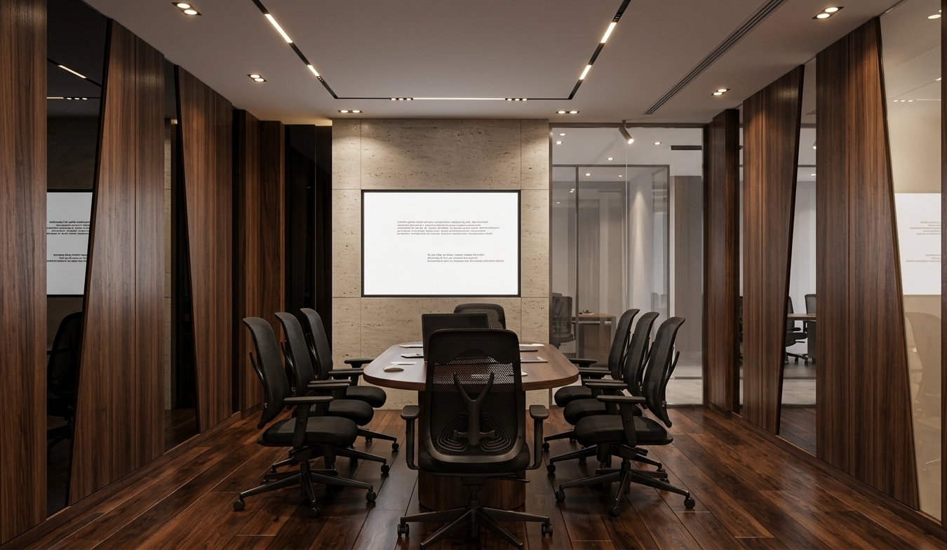 An incredibly lifelike, richly detailed, photorealistic eye-level interior shot of a sophisticated executive conference room set in a high-end corporate office suite. The scene is illuminated by recessed spotlights, glowing wall-washers, and minimalist ceiling track lighting, creating a refined, moody, and prestigious atmosphere. Captured with a full-frame camera and a 24mm tilt-shift architectural lens, emphasizing the deep grain of dark walnut wood paneling, lustrous dark hardwood flooring, and the delicate texture of the stone feature wall. Flanking the sleek oval conference table are ergonomic black mesh executive chairs arranged symmetrically, while a large integrated presentation screen anchors the textured accent wall. Polished black glass panels, slim metal trims, and transparent glass partitions along the perimeter complete the space with understated contemporary elegance, balanced composition, and flawless modern craftsmanship.