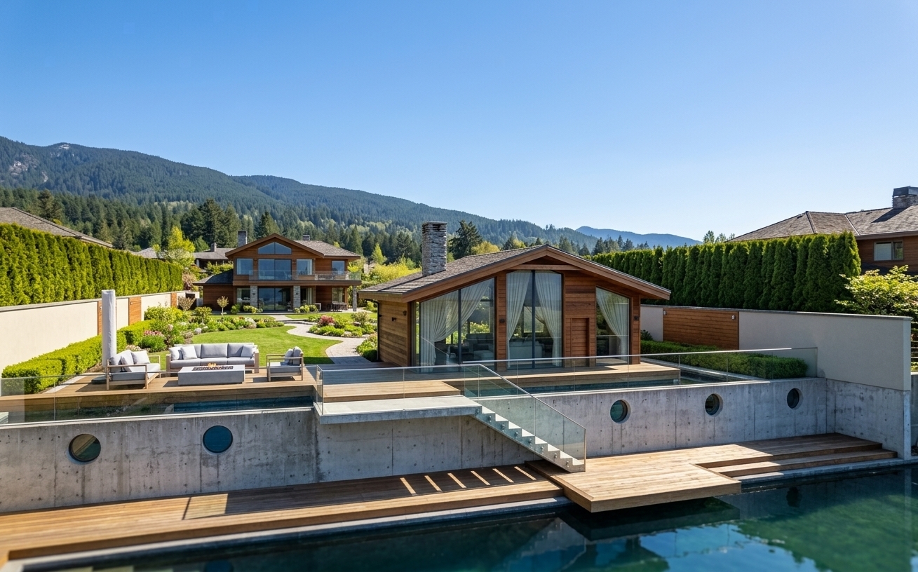 An incredibly lifelike, richly detailed, photorealistic wide-angle architectural shot of a contemporary mountain escape retreat set in a sun-drenched, multi-tiered landscape. The scene is illuminated by crisp, bright midday spring sunlight, creating an invigorating and serene atmosphere. Captured with a high-end tilt-shift architectural lens, emphasizing the tactile warmth of rich horizontal timber cladding, polished glass panels, and the rugged, cast-concrete retaining foundation. The front pavilion features floor-to-ceiling glazing softened by sheer interior curtains, offering glimpses into a sophisticated living room, while its adjoining left terrace is staged with plush modern outdoor lounge furniture centered around a minimalist fire pit. Lush green hedges line the boundary walls, framing a vibrant backyard garden and winding stone pathways that seamlessly connect the pavilion to the elegant primary residence beyond, all anchored above a floating timber deck extending over tranquil azure waters.