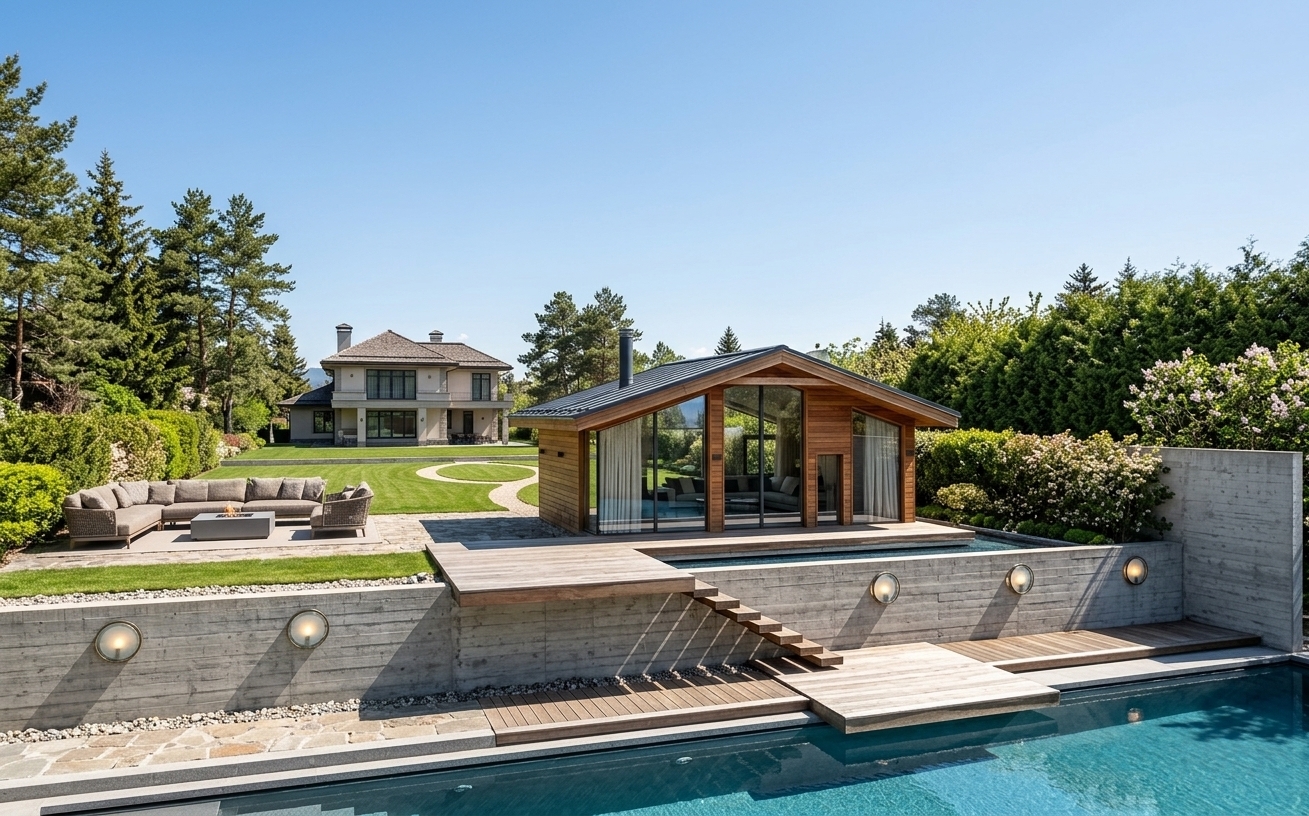 An incredibly lifelike, richly detailed, photorealistic wide-angle architectural exterior shot of a contemporary mountain escape retreat set in a manicured alpine landscape during spring. The scene is illuminated by crisp, bright midday sunlight casting sharp, clean shadows across the grounds, creating a tranquil, luxurious, and inviting atmosphere. Captured with a professional tilt-shift architectural lens, emphasizing the rich grain of warm horizontal timber siding, board-formed concrete retaining walls, and crystal-clear reflective glass. 

The foreground modern gabled pavilion showcases rich horizontal timber cladding contrasted by expansive floor-to-ceiling windows fitted with soft, sheer linen curtains that reveal a cozy, high-end living room within. To the left, the adjoining wooden sun terrace is furnished with deep, comfortable outdoor lounge sofas centered around an elegant modern fire pit. Lush, dense green hedges run along the boundary perimeter walls, framing a vibrant landscaped garden with sculpted circular walking paths that wind seamlessly toward the two-story villa in the background. Below, the textured concrete terrace base is punctuated by minimalist circular sconces and floating cantilevered wooden decks extending above a calm blue reflecting pool, creating a seamless harmony between contemporary architecture and peaceful nature.