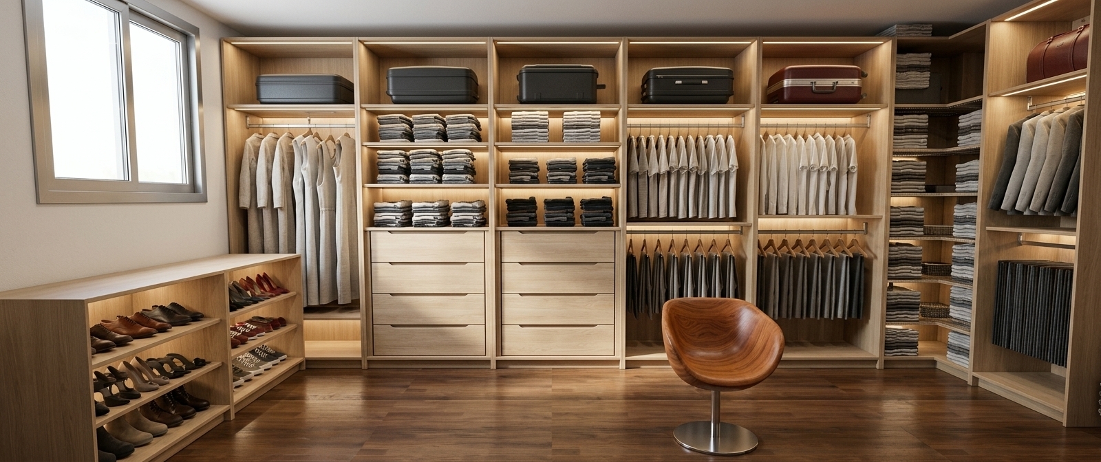 A wide-angle architectural photograph capturing the walk-in closet with the exact layout and geometry preserved. The modular cabinetry features a refined matte linen-textured finish, set above rich dark oak parquet flooring with gentle woodgrain reflections. Warm integrated LED strip lighting softly illuminates the shelves, clothes racks, and garments, complemented by ambient recessed ceiling lights and subtle diffused daylight from the window. Realistic fabric draping, authentic leather and luggage textures, and delicate ambient shadows render the space with photorealistic warmth and depth.