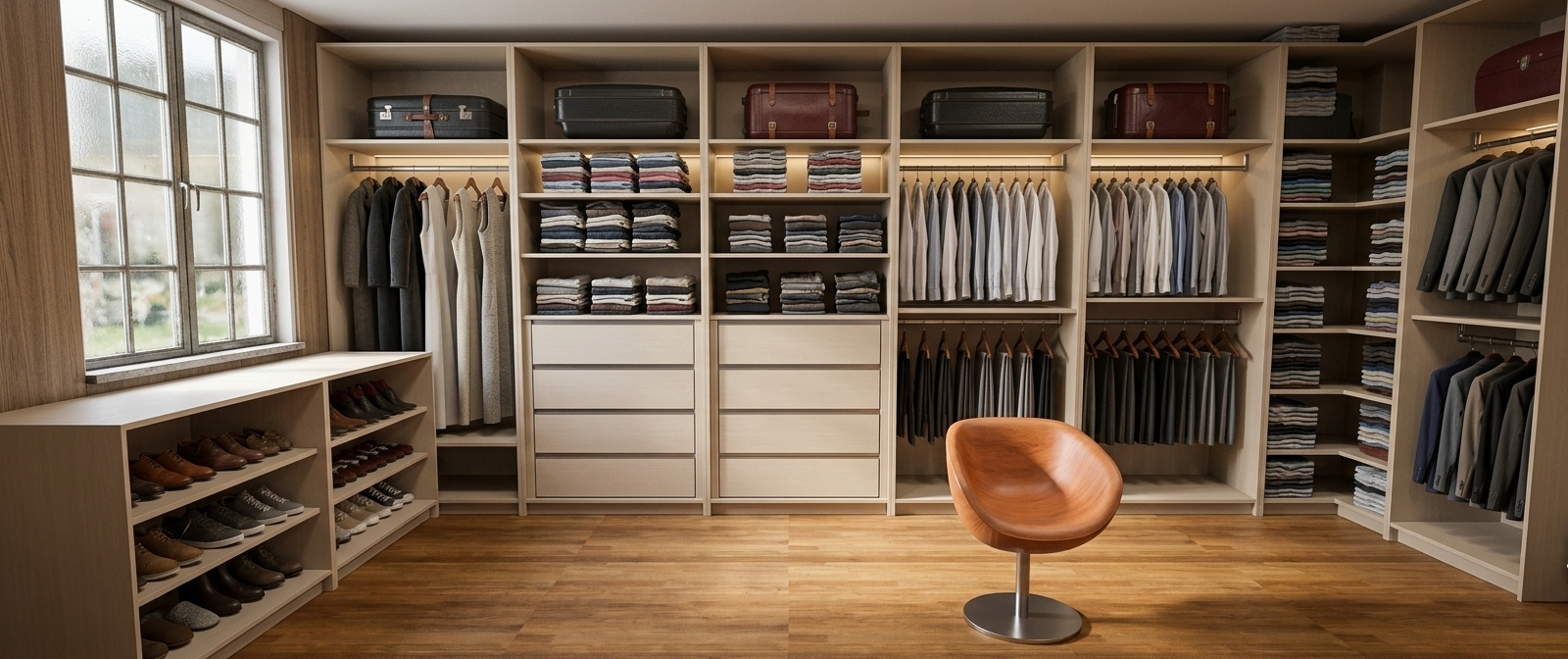 The photo immediately draws the viewer into a beautifully organized and inviting walk-in closet, truly a **minimalist haven** designed with sophisticated functionality at its core. The architectural style is distinctly modern and minimalist, characterized by its clean lines, modular construction, and an overall sense of uncluttered serenity. Custom-built cabinetry, rendered in a soothing light taupe or warm gray laminate, extends from floor to ceiling, creating a continuous storage system that appears to wrap around at least two walls of the generously proportioned space. This uniform material palette provides a smooth, refined texture that harmonizes with the rich, warm brown tones of the polished hardwood flooring, which features subtle grain variations. Natural light gently streams in from a horizontal sliding window on the left wall, its white frame stark against the simple white wall, implying a daytime setting and contributing to the bright, airy atmosphere within.

The design elements are meticulously arranged for optimal organization and visual appeal: multiple sections feature double and single hanging rods displaying an array of garments, from long dresses to neatly aligned trousers and shirts, while various open shelves hold meticulously folded clothes and accessories. On the uppermost shelves, a collection of stylish suitcases are neatly stored, suggesting a well-traveled individual. A dedicated, multi-tiered shoe rack system is visible on the left, showcasing pairs of shoes in an orderly fashion. In the foreground, a striking burnt orange or terracotta-hued scoop-back swivel chair with a sleek, polished metallic base offers a comfortable and elegant spot for dressing, introducing a subtle pop of color and an organic curve to the otherwise rectilinear composition. The overall impression is one of immaculate order and thoughtful design, where every item has its place, creating a space that is both highly functional and aesthetically pleasing, a true private retreat that embodies refined, contemporary living.