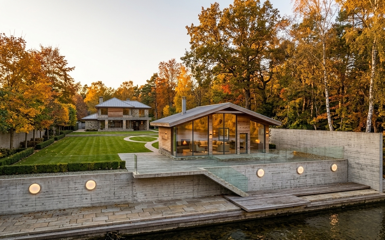 An incredibly lifelike, richly detailed, photorealistic wide-angle architectural visualization of a luxurious riverside retreat set in a tranquil autumnal landscape. The scene is illuminated by the warm, golden glow of a low autumn sunset, creating an inviting and serene atmosphere. Captured with a high-end architectural camera and tilt-shift lens, emphasizing the rich textures of warm horizontal timber siding, board-formed concrete retaining walls, and crystal-clear reflective glass. 

In the foreground, a modern timber and stone pavilion features floor-to-ceiling glass that reveals a warm, inviting living room within, while seamlessly mirroring the tranquil river and amber-hued forest on its polished surface. A refined floating wooden terrace hovers just above the water below an exposed-concrete retaining wall accented by soft, circular wall sconces. Leading up from the lower dock, an angular concrete staircase is lined with a sleek, minimalist glass railing. The expansive upper lawn is bordered by a neat, low hedge along the perimeter wall, connecting to a sophisticated two-story main residence of natural stone and timber in the background, with manicured private gardens that open out into a lush autumn forest beyond.