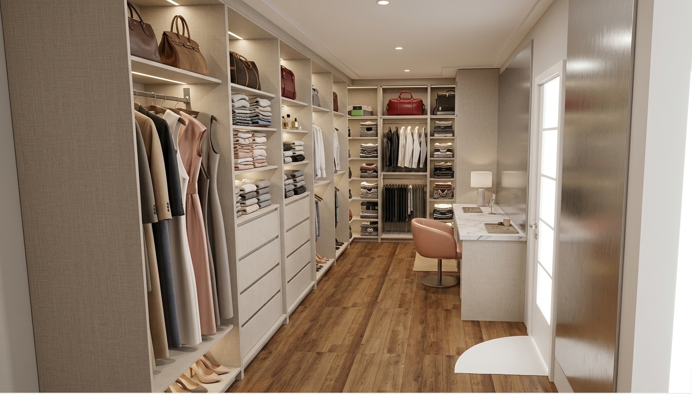 An eye-level photorealistic interior photograph capturing the exact layout and perspective of the walk-in closet, featuring built-in cabinetry finished in a light linen-textured matte laminate. The open shelving and hanging rails are curated exclusively with women's clothing, displaying realistic fabrics such as silk dresses, tailored blouses, neatly folded knitwear, and leather handbags. Warm, balanced ambient lighting from recessed ceiling fixtures and subtle under-shelf LEDs casts soft, natural shadows across rich oak hardwood flooring. Authentic material physics highlight fine fabric weaves, polished metal hanging rods, and realistic reflections on smooth surfaces, producing a clean, sophisticated photograph with sharp focus and natural depth.