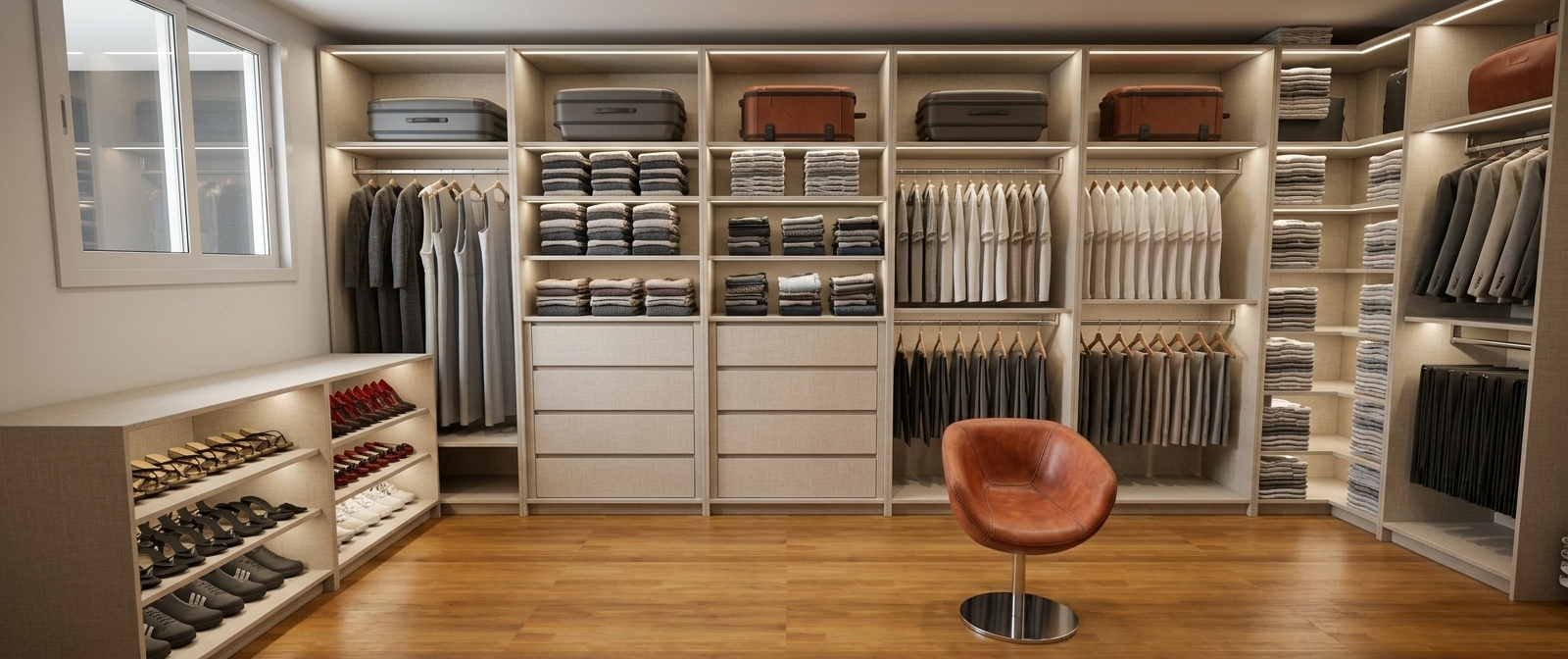 An architectural interior photograph of the spacious walk-in closet, capturing the exact layout, shelving structure, and central chair composition. The custom cabinetry features a refined, matte linen-textured beige finish, naturally illuminated by soft daylight from the left window and gentle, warm ambient lighting. The shelves and hanging rods display realistically textured women's clothing—including fine-knit folded tops, hanging dresses, blouses, and organized footwear—with natural fabric weight and draping. The warm wood flooring shows authentic grain and subtle reflections, rendered with sharp optical clarity, balanced shadows, and clean, realistic depth of field throughout the scene.