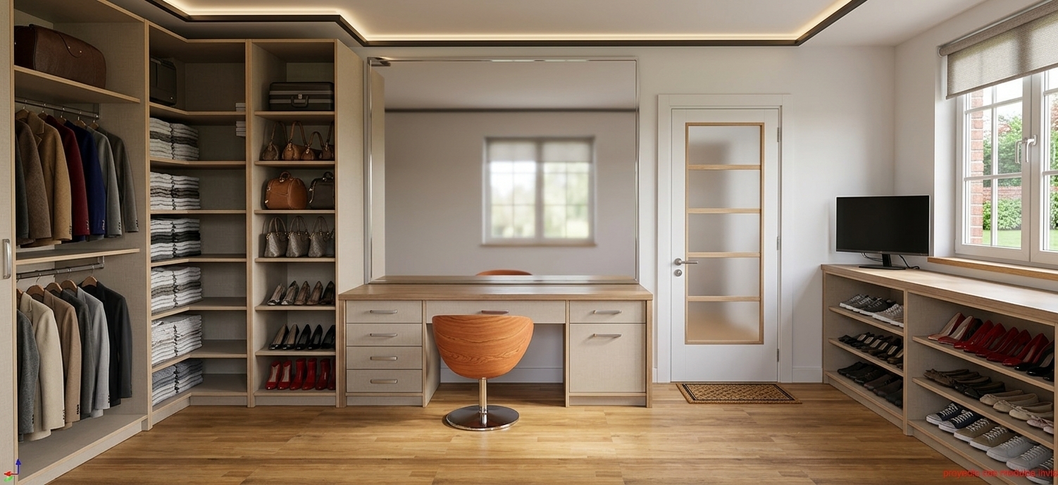 A bright, eye-level interior photograph capturing the dressing room with matte linen-textured beige cabinetry and warm natural oak flooring. Soft daylight streams through the side window, complemented by subtle ambient ceiling light illuminating organized women's clothing, elegant folded garments, designer leather handbags, and neatly arranged women's footwear on open shelving. The central vanity desk features realistic textured linen-finish panels, a smooth leather-upholstered swivel chair with a brushed chrome base, and a clean mirror backdrop. Shot with a 24mm architectural lens, emphasizing natural soft shadows, true-to-life surface textures, and clean photorealistic depth while preserving the exact layout, geometry, and composition.