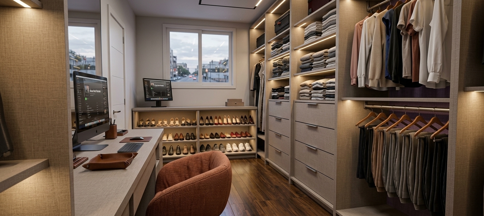 A photorealistic interior photograph of the walk-in closet featuring matte linen-textured cabinetry illuminated by integrated warm LED strip lighting under the shelves and soft natural daylight from the rear window. The wardrobe is organized with women's apparel, showing natural fabric drape, folded knitwear, hanging blouses, and rows of women's shoes on the back console. The foreground vanity desk showcases a textured terracotta fabric armchair and rich wood floor planks with realistic grain and subtle reflections. Captured with a wide-angle architectural lens, balanced exposure, authentic surface textures, and soft contact shadows throughout.