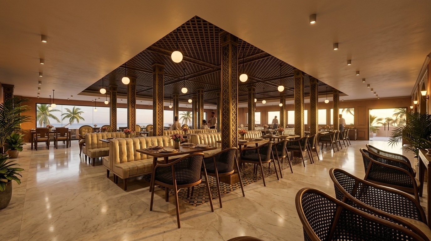 An incredibly lifelike, richly detailed, photorealistic wide-angle interior shot of a luxury Moroccan-inspired restaurant set in an exotic seaside retreat. The scene is illuminated by the warm, golden glow of a setting sun filtering through panoramic windows, harmoniously balanced by soft, glowing spherical pendant lights that cast an intimate, sensual, and opulent atmosphere. Captured with a professional 24mm tilt-shift lens, emphasizing the intricate geometric carvings on the ornate wooden pillars, the rich latticework of the coffered ceiling, and the tactile contrast between plush tufted cream leather banquettes and woven black wicker chairs. Vibrant patterned floor tiles define the dining bays beneath a palette of rich golds, warm clays, and deep accents, while lush potted indoor plants and glimpses of swaying outdoor palms complete this vibrant, exotic Middle Eastern culinary sanctuary.