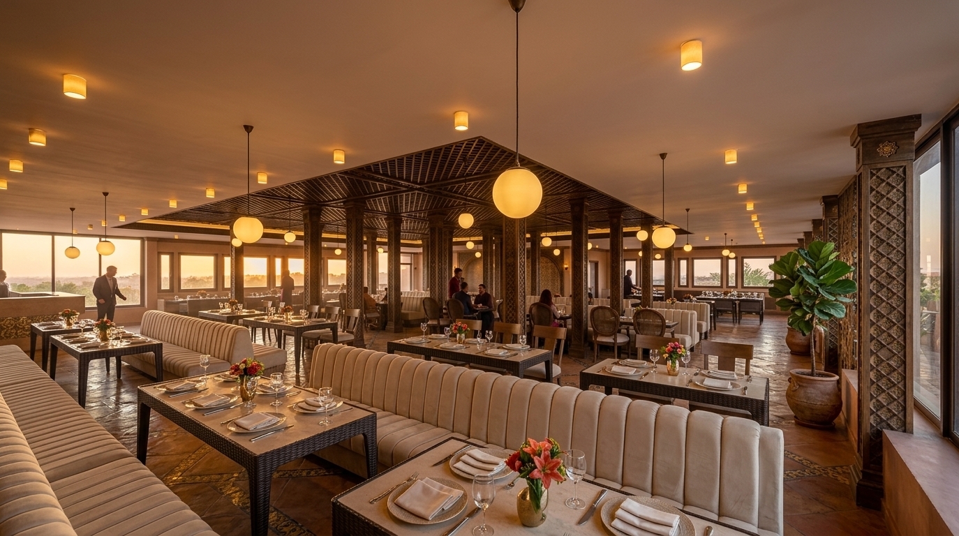 An incredibly lifelike, richly detailed, photorealistic wide-angle interior shot of a grand Moroccan mystique restaurant set in an exotic, upscale cultural retreat. The scene is illuminated by the warm, golden hues of a fading sunset spilling through the large perimeter windows and the soft, glowing luminescence of suspended spherical pendant lamps, creating a warm, sensual, and intimate atmosphere. Captured with a professional full-frame camera and a 24mm tilt-shift architectural lens, emphasizing the rich textures of the carved wooden columns, ornate latticework ceiling, and plush, cream-toned channel-tufted banquette seating. The elegant dining space seamlessly blends Middle Eastern sophistication with modern luxury, featuring intricately detailed dark tables set with crisp tableware and vibrant floral accents, complemented by decorative geometric wall panels, subtle deep gold and terracotta tones, patterned surfaces, and lush potted greenery that together celebrate an authentic, vibrant, and opulent dining ambiance.