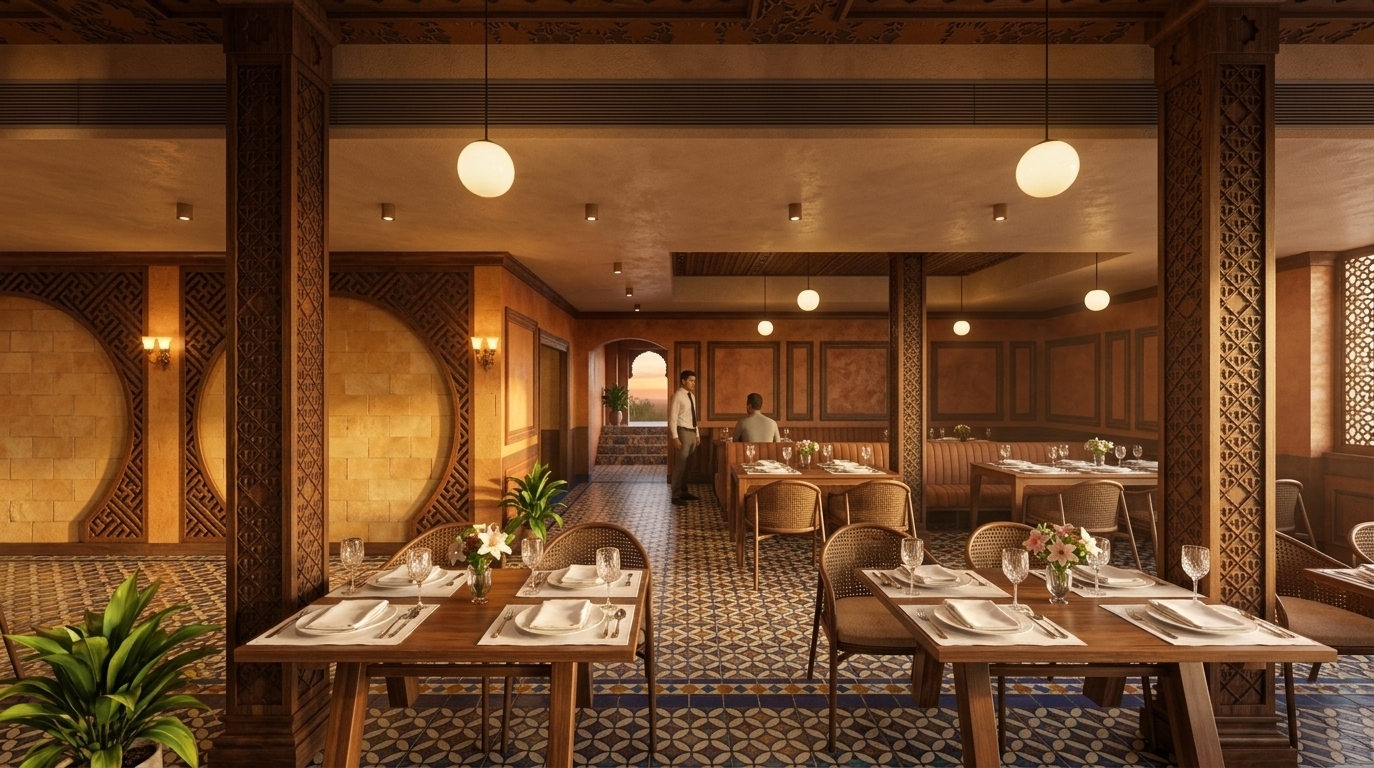An incredibly lifelike, richly detailed, photorealistic wide-angle interior shot of an opulent dining hall in a restaurant styled with Moroccan mystique, set in an elegant hospitality environment. The scene is illuminated by a warm sunset glow blending seamlessly with soft, diffused pendant spheres and ambient wall sconces, creating an inviting, exotic, and sensual atmosphere. Captured with a high-end full-frame camera and a 24mm tilt-shift lens, emphasizing the intricate geometric carvings on the monumental timber columns, ornate mashrabiya-style fretwork screens, and vibrant patterned mosaic floor tiling. In the foreground, finely finished wooden tables are neatly arranged with crisp place settings, glassware, and fresh floral accents, while woven dining chairs, lush indoor plants, and layered textured walls in warm ochre and terracotta hues draw the viewer deeper into this richly authentic, Middle Eastern-inspired sanctuary.