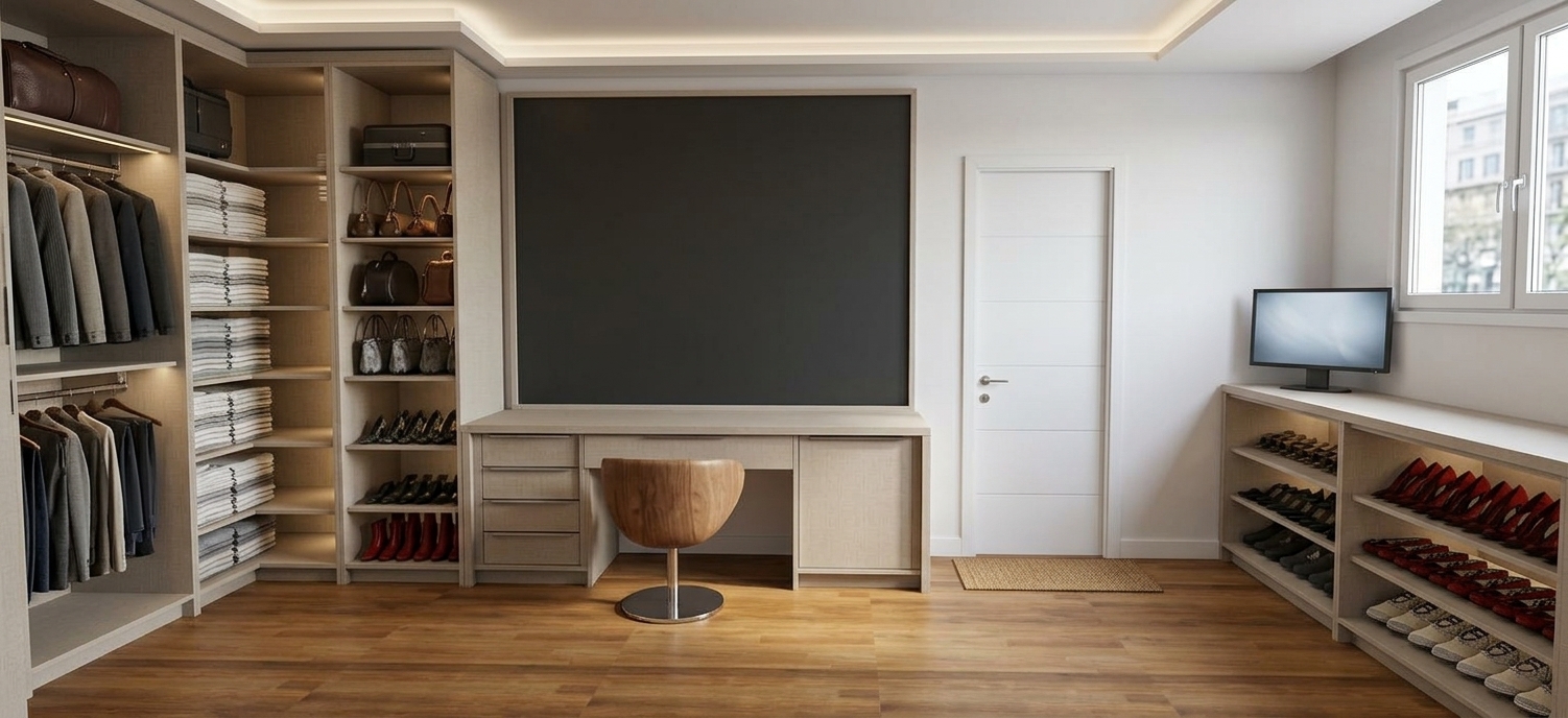 An architectural photograph of the dressing room, featuring matte linen-textured cabinetry in a soft beige-lino finish across all closets, desk, and shoe racks, precisely retaining the original layout and geometry. Soft daylight spills from the right window across the warm oak plank flooring, balanced by subtle ambient lighting that casts natural contact shadows. The shelves display authentic fabric weaves on clothing, crisp folded linens, and refined leather sheens on footwear and bags, captured with an eye-level wide lens with clean dynamic range and realistic micro-textures.