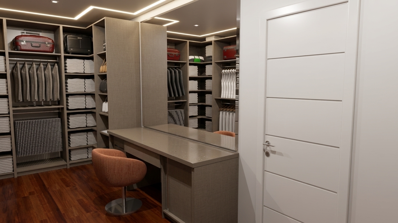 A professional architectural interior photograph capturing the exact walk-in closet layout, featuring cabinetry with a tactile matte linen-textured laminate finish. Balanced, warm ambient illumination spills from the integrated ceiling LED strips, casting soft shadows and gentle specular highlights across the rich hardwood floorboards. The swivel chair displays a textured woven terracotta fabric, while the hanging garments, folded linens, and luggage exhibit realistic material physics and micro-creases. The large vanity mirror realistically reflects the opposite shelving with natural optical depth, captured sharply through an architectural wide-angle lens with subtle exposure balance and authentic photographic grain.
