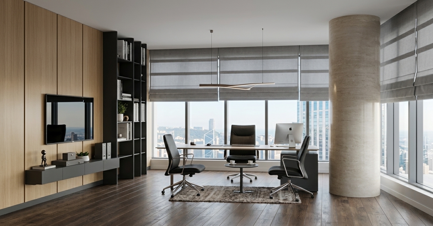 An incredibly lifelike, richly detailed, photorealistic wide-angle interior photograph of an executive home office set in a high-rise urban penthouse overlooking a panoramic city skyline. The scene is illuminated by gentle, diffused daylight pouring through elegant soft gray Roman shades and balanced by a slim, sculptural linear pendant light overhead, creating a sophisticated, refined, and calm atmosphere. Captured with a professional 35mm architectural lens, emphasizing smooth natural wood grain, polished stone surfaces, and tailored upholstery textures. Anchoring the space, a sleek executive desk with slim metal accents sits atop a plush textured area rug over dark hardwood flooring, surrounded by tailored black leather and fabric office chairs. Along the left wall, bespoke floor-to-ceiling cabinetry seamlessly blends warm champagne wood paneling with matte charcoal open shelving, housing a flush-mounted TV, neatly arranged photography books, and curated minimalist art decor. A prominent polished stone cylindrical column adds architectural balance, while the expansive floor-to-ceiling windows frame an airy, breathtaking metropolitan view.