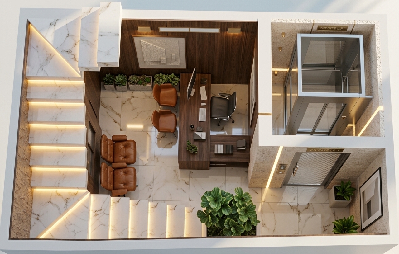An incredibly lifelike, richly detailed, photorealistic high-angle architectural cutaway of an ultra-luxurious modern home office and private entrance foyer set in a sun-drenched coastal villa. The scene is illuminated by warm, golden LED under-tread stair lighting, sleek ceiling cove illumination, and bright, diffuse natural daylight that evokes an airy seaside morning, creating an opulent yet refreshingly serene atmosphere. Captured with a professional architectural lens, emphasizing the glossy, reflective polish of the Calacatta marble floors, rich grain of the dark walnut wood paneling, tactile rough-textured feature walls, and crisp transparency of the private glass elevator enclosure. Rich cognac leather lounge chairs, minimalist modern art, and lush tropical greenery infuse the workspace with executive elegance and coastal sophistication.