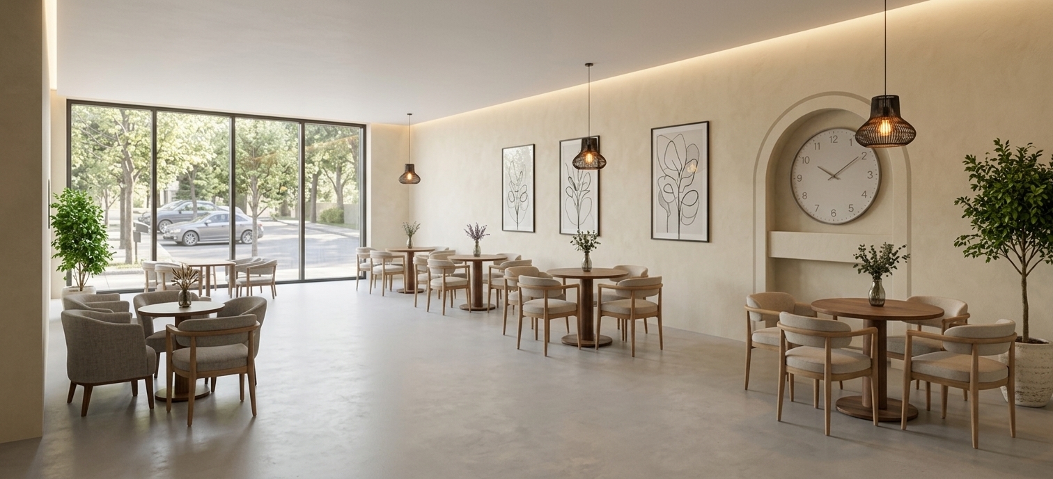 An incredibly lifelike, richly detailed, photorealistic wide-angle interior shot of a serene digital zen coffee shop set in a tranquil contemporary retreat. The scene is illuminated by soft, filtered natural daylight cascading through the expansive floor-to-ceiling glass windows paired with warm, concealed linear cove lighting and amber-glowing woven pendant lights, creating an exquisitely calm and contemplative atmosphere. Captured with a professional 24mm architectural tilt-shift lens, emphasizing the velvety texture of warm lime-washed plaster walls, seamless matte microcement flooring, and the smooth, tactile grain of crafted oak and walnut woodwork. Intimately spaced round wooden dining tables are surrounded by sleek, curved armchairs upholstered in muted linen fabric, maintaining an uncluttered and balanced composition. An illuminated arched feature niche, paired with framed minimalist botanical artwork along the wall and slender potted indoor trees in fluted ceramic planters, introduces organic harmony and spatial depth, seamlessly bridging modern digital minimalism with timeless zen aesthetics.