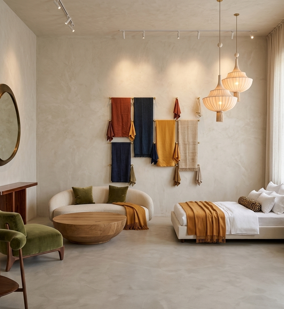 An incredibly lifelike, richly detailed, photorealistic wide-angle interior shot of a luxurious boutique exhibition showroom set in a contemporary desert sanctuary with Moroccan mystique. The scene is illuminated by the soft, warm ambient glow of suspended pleated silk pendant lanterns and delicate track spotlights, complemented by diffused natural light sweeping through floor-to-ceiling sheer drapery, creating an ethereal, tranquil, and tactile atmosphere. Captured with a professional 35mm tilt-shift architectural lens, emphasizing raw lime-wash plaster textures, plush velvet draping, and fine wood grain, the focal wall showcases an expanded, beautifully composed gallery of varied, generously sized textile swatches—featuring rich terracotta, indigo, saffron linen, and raw-woven wools artfully suspended from brass wall pegs. Across the seamless micro-cement floor, an elegant low-profile bed dressed in crisp linens and an amber throw balances a cozy lounge area composed of a curved cream bouclé sofa with olive velvet cushions, a massive sculptural oak coffee table, and moss-green accent armchairs, creating a deeply harmonious and sophisticated interior narrative.