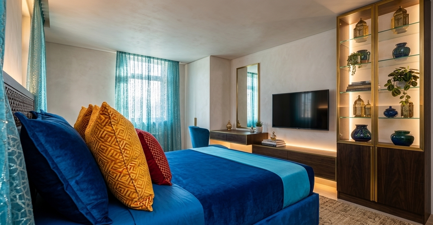 An incredibly lifelike, richly detailed, photorealistic wide-angle interior shot of a luxurious Moroccan mystique master bedroom set in an exotic boutique residence. The scene is illuminated by soft, natural morning light filtering through shimmering sheer turquoise drapery alongside the warm, ambient golden glow from concealed LED backlights and brass accents, creating a sultry, sensual, and tranquil atmosphere. Captured with a 24mm architectural wide-angle lens, emphasizing intricate Moorish motifs, plush layered textiles, and finely carved artisanal finishes. In the foreground, the plush king-sized bed is adorned with rich royal blue velvet linens, a crisp cyan runner, and an array of textured, geometric-patterned accent pillows in vibrant shades of saffron gold and deep ruby red. Across the room, the feature wall is adorned with subtle Middle Eastern geometric wall art surrounding the sleek mounted television and a floating vanity desk crafted from dark carved walnut and brushed brass, styled with curated photography books, ornate perfume bottles, and a tall gold-framed mirror. To the right, a magnificent floor-to-ceiling display cabinet with radiant gold framing and soft integrated shelf lighting showcases handcrafted filigree brass lanterns, glazed Moroccan pottery, and cascading potted indoor plants, grounding the space with an exotic elegance that seamlessly blends traditional craftsmanship with contemporary luxury.