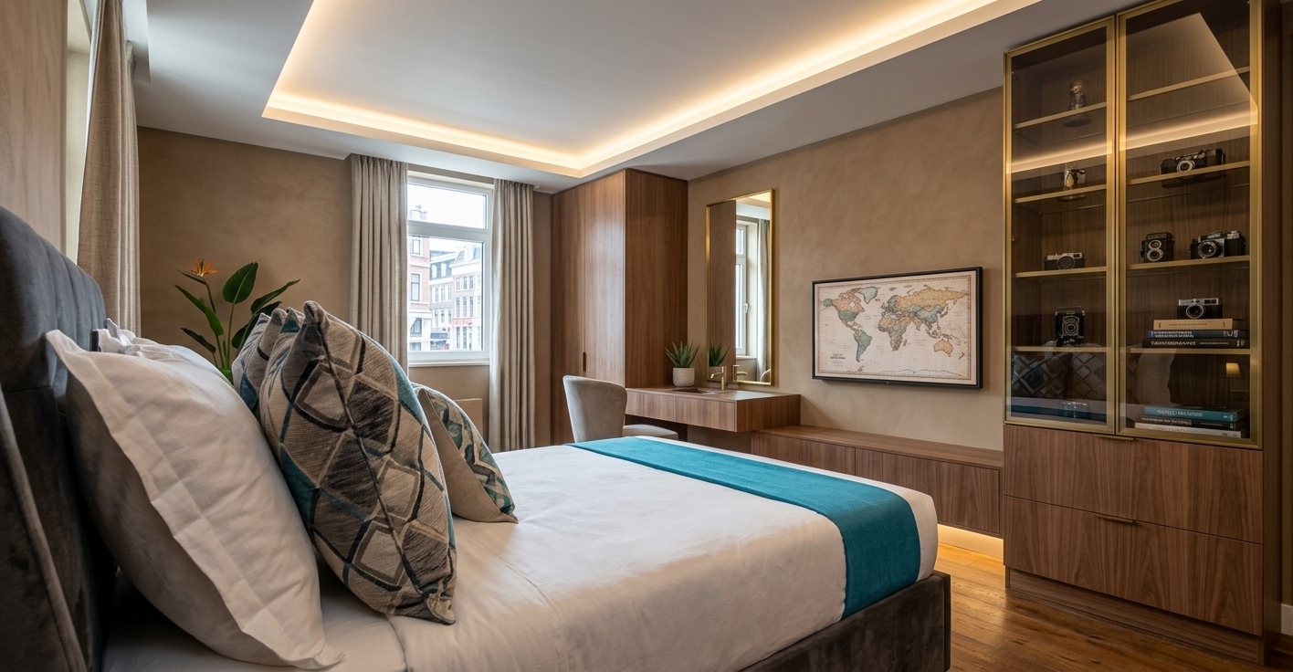 An incredibly lifelike, richly detailed, photorealistic eye-level interior shot of an eclectic "traveler's trove" hotel suite set in a cosmopolitan boutique destination. The scene is illuminated by soft, diffused natural daylight streaming through tall window drapery complemented by warm, integrated LED cove lighting, creating a cultured, nostalgic, and sophisticated atmosphere. Captured with a 24mm wide-angle architectural lens, emphasizing rich tactile fabrics, lustrous brass framing, and layered global accents. In the foreground, a luxurious platform bed features an upholstered charcoal velvet headboard and crisp white linens layered with an array of plush geometric cushions and a vibrant turquoise bed runner. To the right, an elegant brass-framed glass vitrine functions as a curated display for worldly artifacts, vintage cameras, and stacked hardbound photography books. Along the feature wall, a sleek floating desk and low media console sit beneath a framed travel-inspired canvas and a slender vertical vanity mirror, seamlessly blending mid-century charm with contemporary hotel luxury, all grounded by warm earth-toned walls, subtle potted indoor greenery, and rich hardwood flooring.