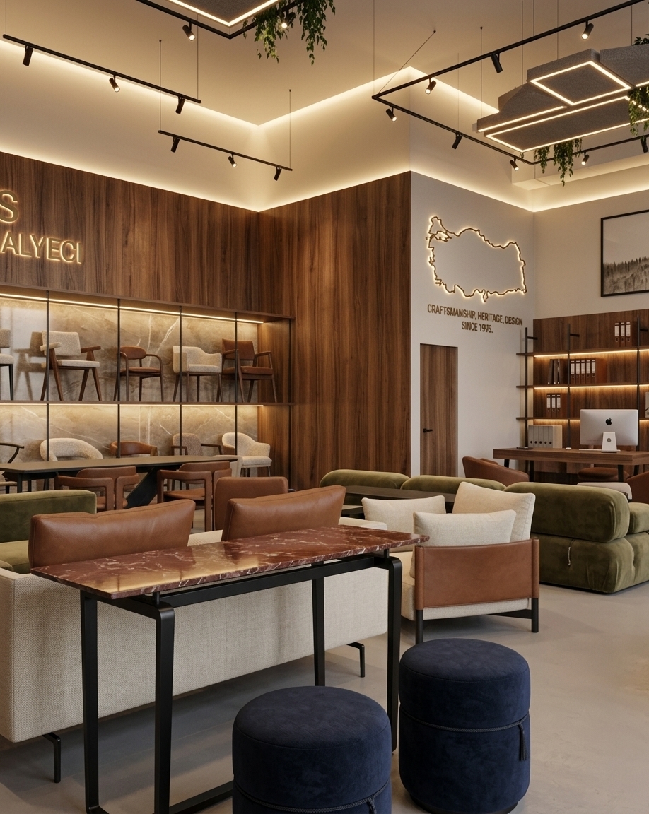 An incredibly lifelike, richly detailed, photorealistic eye-level interior rendering of a contemporary furniture design showroom set in an upscale boutique commercial space. The scene is illuminated by ambient warm-white cove backlighting, integrated shelf LED strips, and sleek geometric ceiling-mounted black track spotlights, creating a warm, sophisticated, and inviting atmosphere. Captured with a professional 35mm architectural lens, emphasizing the organic grain of rich walnut wall cladding, polished reddish-brown marble surfaces, and a diverse palette of tactile bouclé, leather, and woven textile upholstery. In the background, modern tiered shelving proudly showcases a curated collection of designer chairs against backlit stone backdrops, while the expansive wood-paneled feature wall immediately to the right is elegantly adorned with Sandalyeci's brand legacy—featuring a refined, backlit metal silhouette outline of Turkey paired with a tastefully integrated typographic company motto that pays homage to its authentic craftsmanship and rich heritage. The foreground is layered with plush seating arrangements, including deep navy circular poufs, structured lounge armchairs in cream and saddle leather, a low-profile olive velvet modular sofa, and a slim marble-topped console table, effortlessly blending executive office functionality with an inspired, worldly showroom aesthetic.