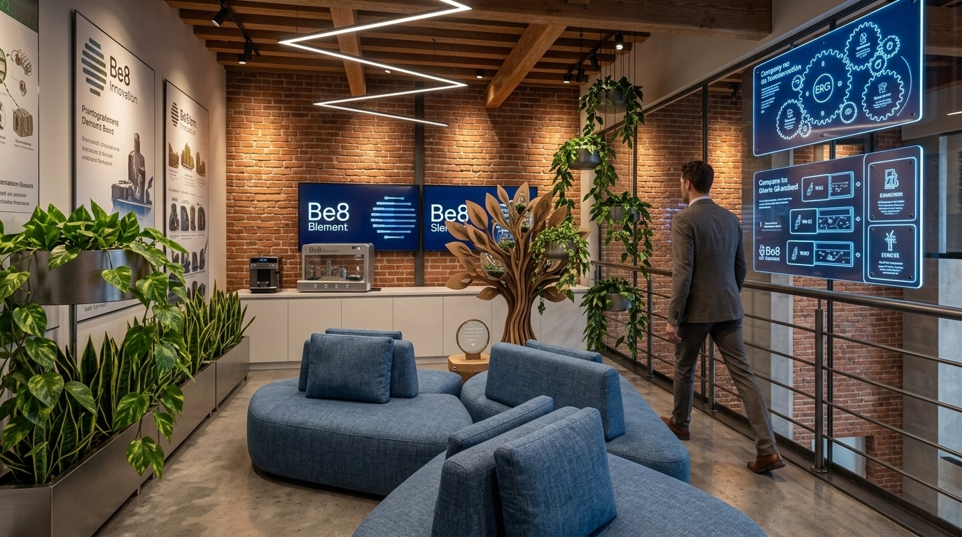 An incredibly lifelike, richly detailed, photorealistic wide-angle interior photograph of an interactive corporate innovation showroom and collaborative lounge set in a modern high-tech office mezzanine. The scene is illuminated by glowing backlit touch-display panels, warm architectural downlights, and a striking zig-zag linear ceiling light that casts crisp, soft-edged shadows across exposed red-brick masonry, creating an inviting yet cutting-edge techno-wonderland atmosphere. Captured with a high-end full-frame camera and a 24mm tilt-shift lens, emphasizing the rich tactile textures of polished concrete floors, lush cascading green foliage in suspended planters, parametric layered-wood sculptures, vibrant interactive infographic boards, and the plush woven fabric of the modular denim-blue seating.