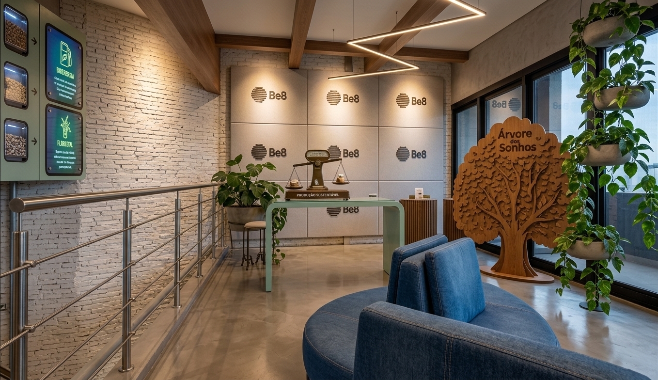 An incredibly lifelike, richly detailed, photorealistic wide-angle interior shot of an interactive sustainable innovation hub and workspace lounge set in a high-tech corporate pavilion. The scene is illuminated by a striking zig-zag sculptural linear LED pendant, warm accent spotlights grazing the exposed brick texture, and vibrant backlit display screens, creating an inviting, sophisticated, and futuristic atmosphere. Captured with a professional full-frame camera and a 24mm architectural tilt-shift lens, emphasizing the seamless polished concrete floor reflections, warm wood ceiling beams, and lush cascading vertical planters. 

Designed as a vibrant techno wonderland merged with eco-conscious design, the space invites dynamic interaction through tactile biofuel dispensers mounted along the left wall, an interactive balance scale centerpiece positioned on a sleek curved mint-green console, and an intricately carved wooden "Árvore dos Sonhos" feature sculpture. Plush, denim-blue modular seating occupies the foreground, offering a comfortable collaborative zone, while sleek dark glass partitions and polished acoustic wall panels seamlessly unite cutting-edge technology with natural, biophilic elements.
