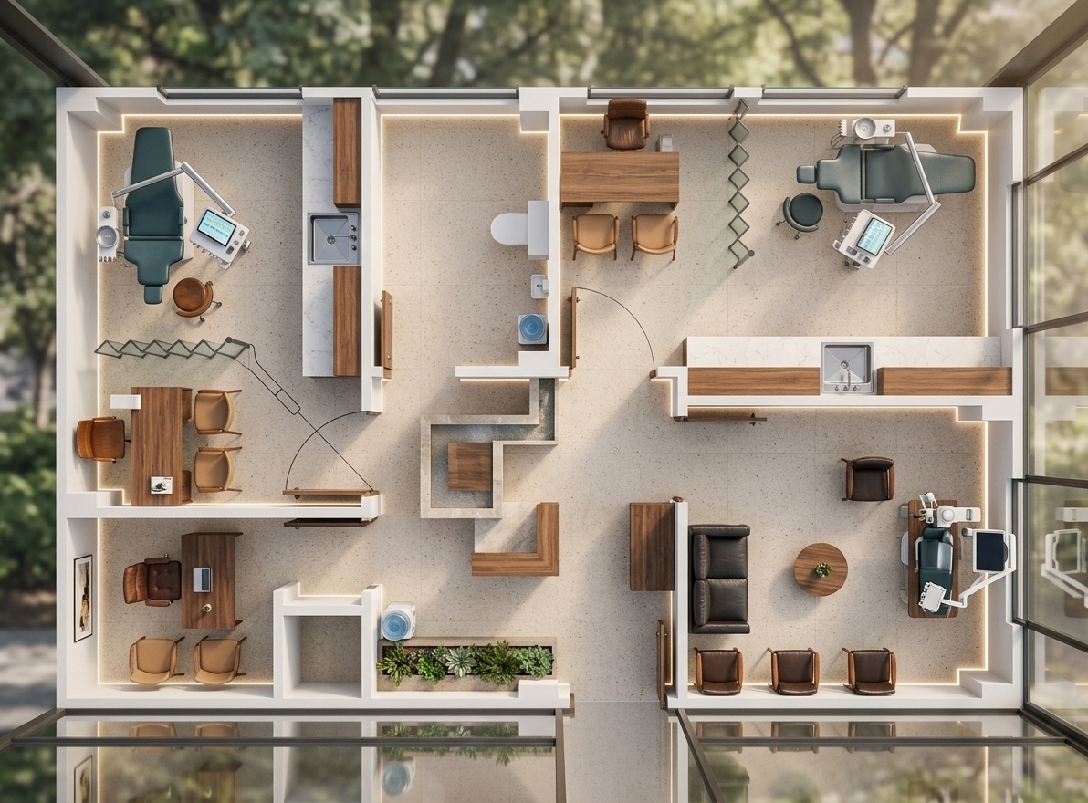 An incredibly lifelike, richly detailed, photorealistic top-down architectural cutaway shot of a modern dental clinic floor plan set in an upscale, mid-century modern medical office. The scene is illuminated by soft, recessed perimeter LED lighting and warm sunbeams filtering through large glass windows, creating an inviting, tranquil, and pristine atmosphere. Captured with a high-resolution architectural tilt-shift lens, emphasizing the rich walnut cabinetry, smooth terrazzo floor tiles, polished quartz countertops, and supple leather upholstery on the advanced ergonomic dental chairs. Each treatment operatory is fully realized with high-tech articulated dental machinery, stainless steel sanitization sinks, and privacy partition screens, while the consultation offices and central reception feature stylish mid-century armchairs, minimalist executive desks, and seamless flow throughout the beautifully rendered clinical suites.