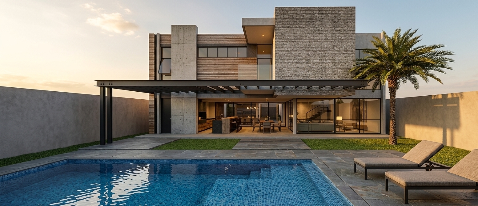 An architectural photograph of the modern residence captured in warm golden hour light. The textured concrete, horizontal timber siding, and dark steel beams show authentic tactile finishes with realistic material physics. The foreground swimming pool features clear, gently rippling water reflecting the warm sky, alongside the paved pool deck and loungers. Soft warm interior illumination glows through the floor-to-ceiling glass walls, casting natural shadows across the patio and manicured lawn. The scene is shot with a crisp wide-angle architectural lens, featuring rich dynamic range, warm color temperature, and fine photographic grain under a soft evening sky.