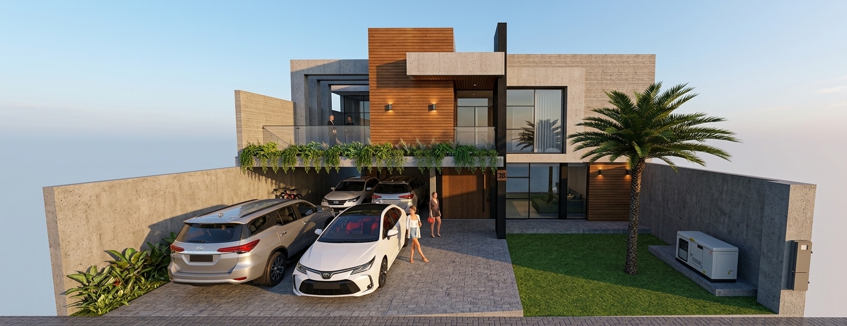 An eye-level architectural photograph of the modern residence bathed in soft, warm golden hour sunlight, precisely preserving the original structure, materials, and layout. The concrete surfaces exhibit authentic cast textures and subtle imperfections, complemented by rich, warm-toned horizontal wood slats, reflective architectural glass, and matte dark metal framing. Parked cars display glossy, realistic paint finishes with natural sunlight reflections and soft underbody ground shadows. The driveway concrete, lush green lawn, mature palm tree, and hanging balcony greenery are captured with crisp detail and natural depth. Warm ambient lighting enhances the facade with soft, elongated shadows, balanced exposure, mild natural vignetting, and clean, realistic photographic sharpness.