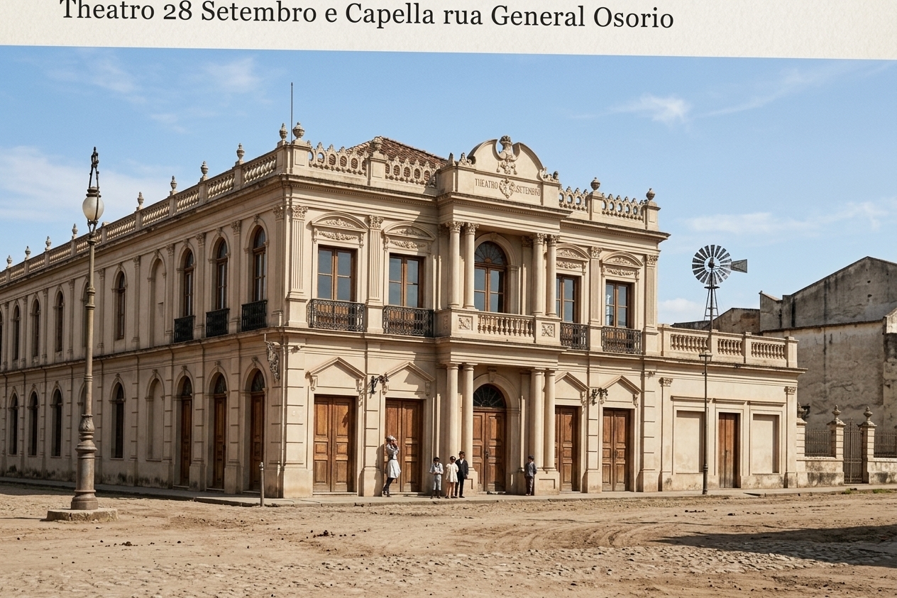 An incredibly lifelike, richly detailed, photorealistic wide-angle exterior architectural shot of the historic "Theatro 28 de Setembro" building set at a turn-of-the-century urban street corner. The scene is illuminated by bright, clear natural daylight, creating a nostalgic and grand historic atmosphere. Captured with a high-resolution camera and a 35mm architectural tilt-shift lens, emphasizing the sharp relief carvings, smooth masonry plaster, ornate balustrades, and rich wooden textures of the doors and window frames. The two-story Eclectic Neoclassical facade showcases striking symmetry on its main pavilion, defined by classical columns, tall arched upper-floor windows with iron railings, and an elaborate crown molding topped by decorative urns, standing with enhanced clarity and pristine definition against the rustic dirt thoroughfare and a distant vintage windpump.