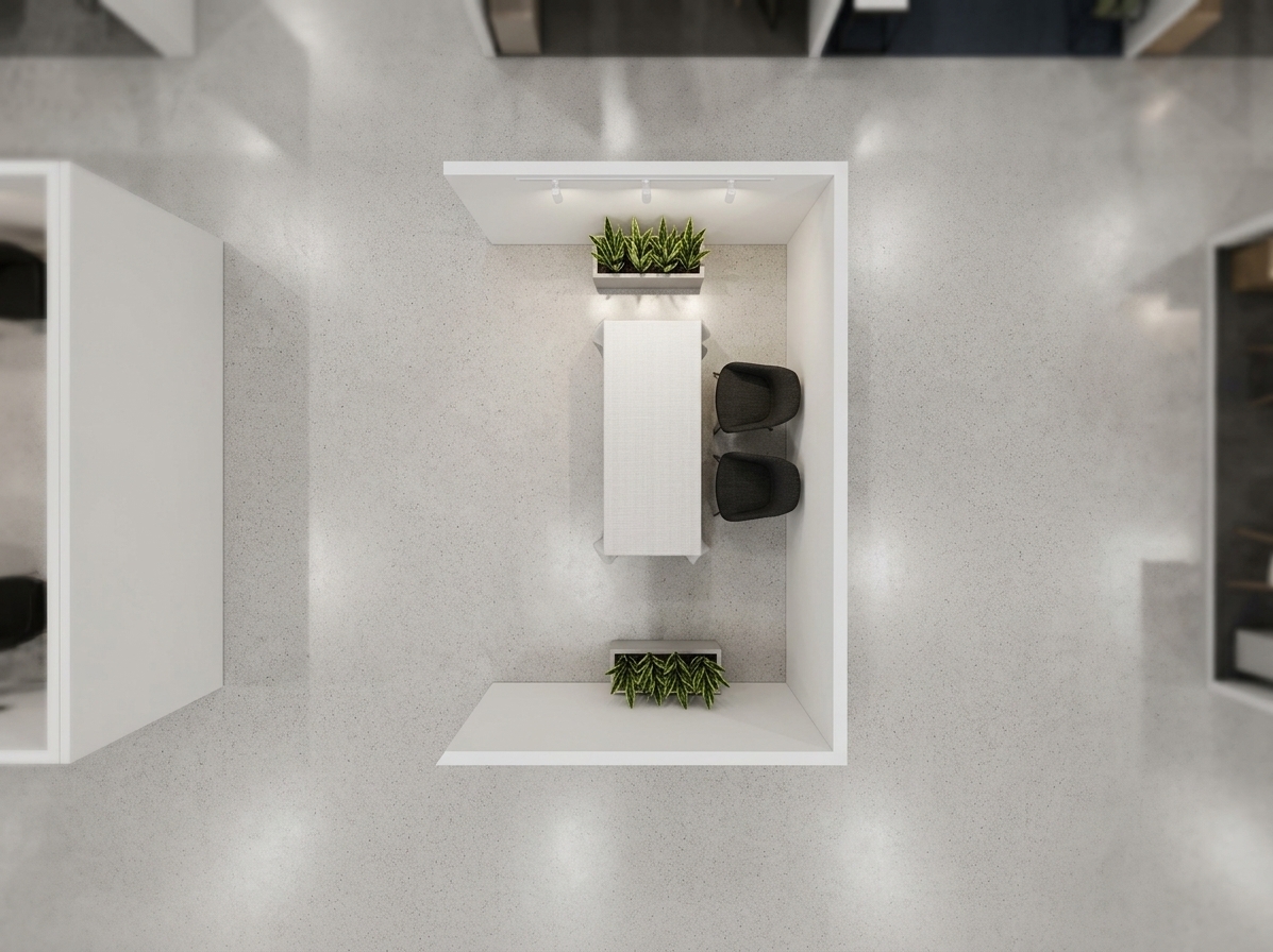 An incredibly lifelike, richly detailed, photorealistic top-down architectural rendering of a modern exhibition stand set in an upscale contemporary venue. The scene is illuminated by soft, diffused overhead spotlighting paired with gentle ambient fill, creating a clean, professional, and elegant atmosphere. Captured with a high-resolution 50mm architectural lens, emphasizing tactile material finishes, subtle contact shadows, and balanced geometry. In the center, a long rectangular desk is dressed in a crisp, finely woven white tablecloth, complemented by two sleek, dark ergonomic chairs. Flanking the setup on either side, minimalist rectangular planters finished in a smooth matte light gray hold dense, upright Sansevieria plants with vibrant variegated green leaves that serve as natural, sophisticated spatial dividers against the clean, seamless white partition walls.