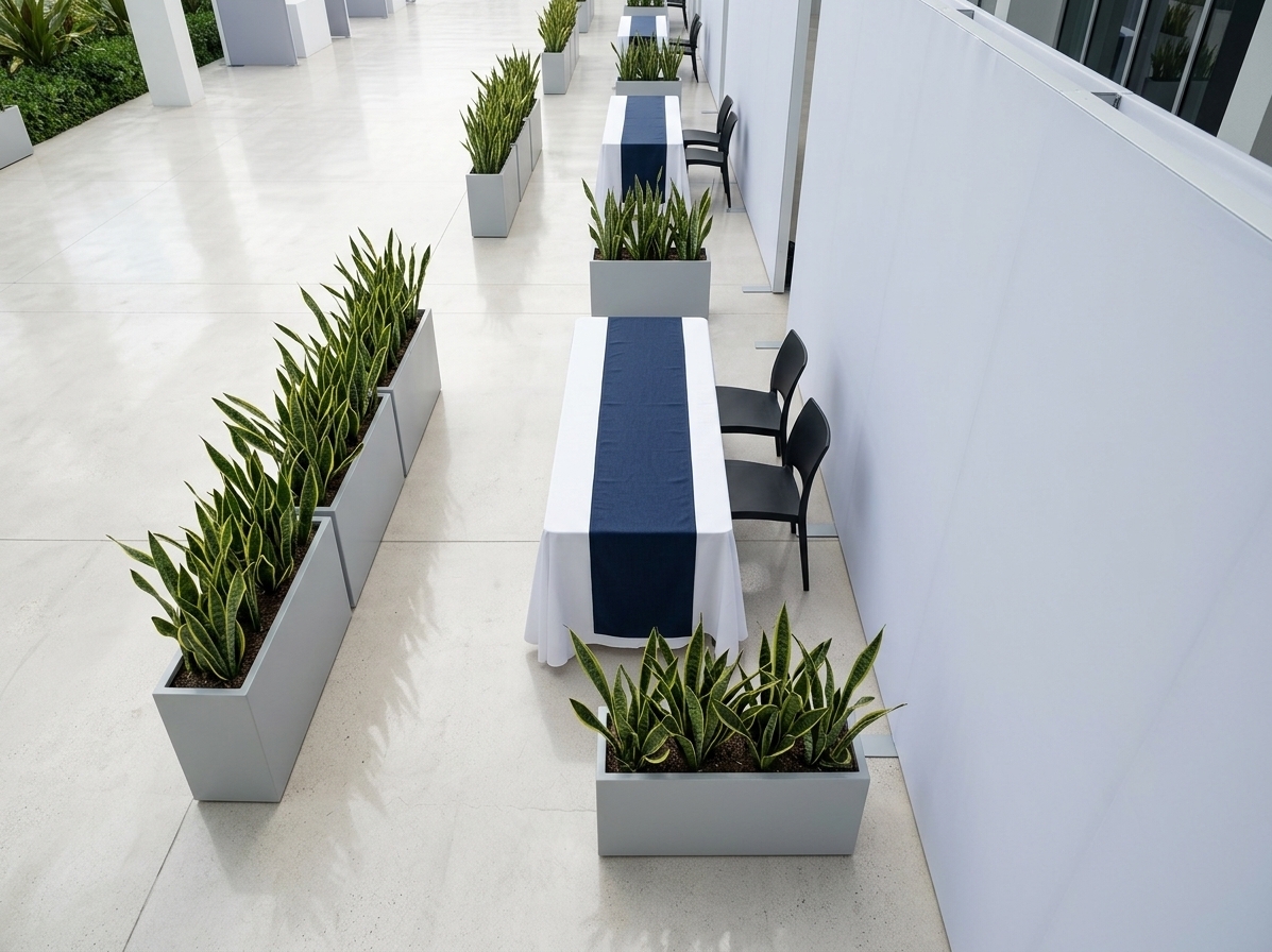 An incredibly lifelike, richly detailed, photorealistic wide-angle architectural shot of a sleek exhibition booth setup set in an open-air coastal patio venue. The scene is illuminated by bright, diffused natural daylight balanced by soft ambient fill lights, creating a fresh, elegant, and professional atmosphere. Captured with a 35mm lens at a crisp perspective, emphasizing the tactile fabrics, architectural clean lines, and lush botanical textures. 

The modular booth features a refined rectangular presentation table elegantly draped in a crisp white tablecloth, layered with a tailored, deep navy blue runner. Tucked neatly behind the table are two modern, ergonomic black chairs positioned against a minimalist white partition wall. Serving as natural, structured dividers between this station and the repeating sequence of adjacent exhibition booths, sleek light-grey rectangular planters flank both sides, brimming with vibrant, architectural Sansevieria (snake plant) leaves that catch the subtle coastal breeze. The polished floor subtly reflects the pristine setup, conveying an airy, high-end corporate event experience.