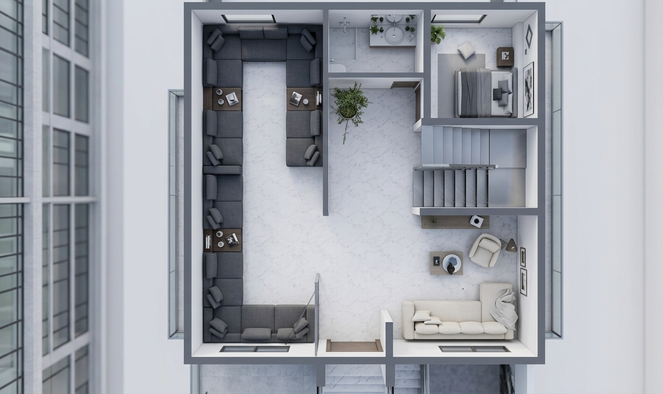 An incredibly lifelike, richly detailed, photorealistic top-down architectural photograph of a spacious minimalist attic haven set in a modern, light-filled penthouse. The scene is illuminated by soft, diffused daylight streaming through high perimeter windows, creating a serene, calm, and uncluttered atmosphere. Captured with a high-resolution medium format camera and an ultra-wide tilt-shift lens, emphasizing the smooth veined texture of the pale marble flooring, sleek metal finishes, and refined charcoal fabrics. The thoughtfully zoned layout features an expansive, custom U-shaped modular sofa in sophisticated dark gray on the left with integrated wooden end tables holding curated photography books. To the upper right, a peaceful private bedroom displays monochrome abstract wall art and crisp gray-toned bedding beside a compact, streamlined en-suite bathroom with subtle potted indoor plants. The lower lounge space hosts an elegant cream sofa, a plush accent armchair, and a minimalist coffee table, creating a perfectly balanced, functional, and Zen-inspired living environment defined by harmonious shades of white, slate, and natural wood.
