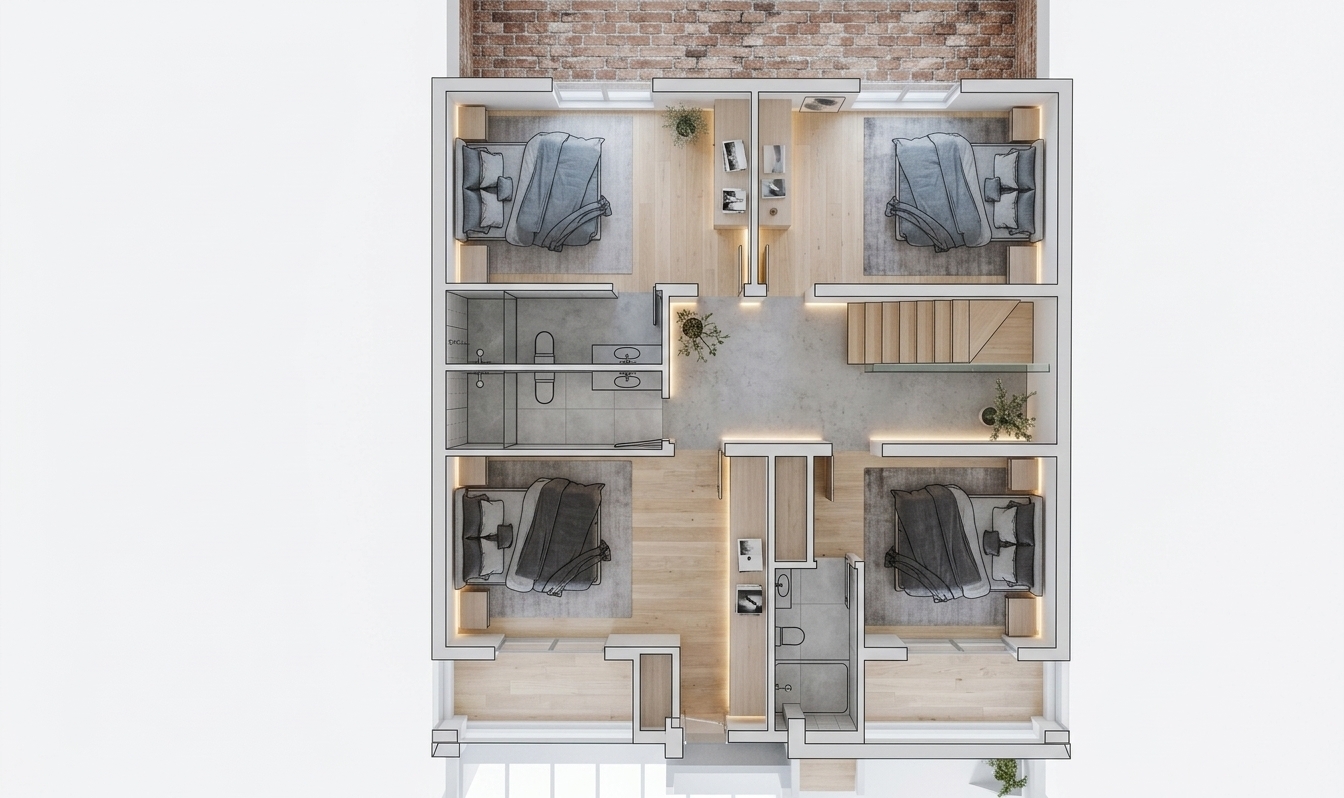 An incredibly lifelike, richly detailed, photorealistic top-down architectural cutaway shot of a modern minimalist attic floorplan set in an elegant urban residence. The scene is illuminated by soft, diffused natural daylight streaming through expansive windows and subtle recessed LED warm lighting, creating a serene, zen-inspired atmosphere. Captured with a high-resolution medium format camera paired with a 24mm tilt-shift lens, emphasizing the clean lines, crisp architectural geometry, and smooth matte finishes. Four symmetrical bedroom suites feature sleek wooden platform beds neatly made with textured slate-gray and charcoal linens, flanked by streamlined nightstands. Polished concrete and pale oak flooring seamlessly connect the uncluttered rooms, modern glass-and-tile bathrooms, and an elegant floating staircase, while clutter-free surfaces display artful photography books, subtle abstract wall art, and delicate potted indoor plants against a calm palette of crisp white, soft gray, and understated pastels.