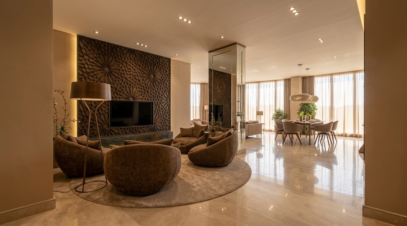An incredibly lifelike, richly detailed, photorealistic wide-angle interior photograph of an expansive, open-concept living and dining space set in a luxurious desert retreat. The scene is illuminated by soft, sun-drenched midday light filtering through floor-to-ceiling sheer drapery, harmoniously blended with warm recessed downlights and ambient backlighting, creating a tranquil, sophisticated atmosphere. Captured with a professional full-frame camera using a 24mm architectural tilt-shift lens, emphasizing the intricate carved geometric mashrabiya feature wall, the ultra-smooth adobe-beige matte walls, and the high-gloss polished marble flooring reflecting gentle highlights. Sculptural, earth-toned curved lounge chairs encircle a circular plush area rug beside a minimalist modernist floor lamp, while a central mirrored pillar seamlessly expands the depth, leading the eye toward the refined dining area adorned with potted greenery and textured, pared-down finishes throughout.