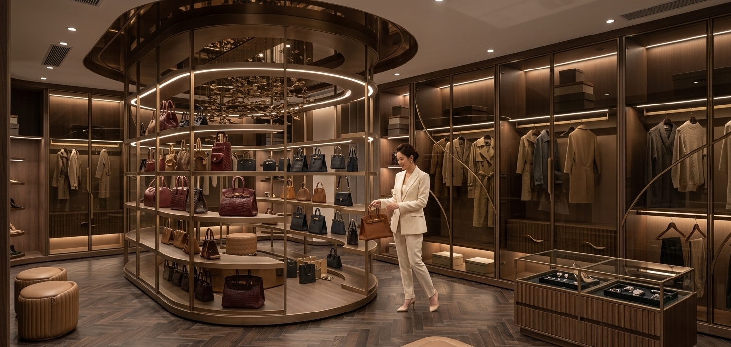 An incredibly lifelike, richly detailed, photorealistic wide-angle interior shot of a luxurious walk-in closet set in an opulent modern penthouse. The scene is illuminated by ambient, warm integrated LED strip lighting recessed beneath the shelving and soft ceiling downlights, creating an intimate, opulent, and ultra-high-end atmosphere. Captured with a professional 24mm architectural lens, emphasizing the rich dark herringbone wood tile flooring, brushed champagne-bronze framing, and the sleek glossy sheen of designer leather handbags. 

At the center, a stunning oval-shaped glass vitrine display rotates upward with curved shelves showcasing an exquisite collection of luxury purses, crowned by a high-gloss bronze PVC mirror ceiling accent that casts elegant, lifelike reflections across the room. An elegantly dressed woman stands gracefully inside the open walk-in space, curated in mid-motion as she selects and prepares a bespoke handbag. Along the perimeter, tinted smoked-glass wardrobes with arched brass inlays reveal neatly hung garments and integrated fluted drawers, while a foreground glass jewelry island with organized accessories adds sophisticated depth, exquisite specular highlights, and unmatched 8K realism to this modern-fusion master sanctuary.
