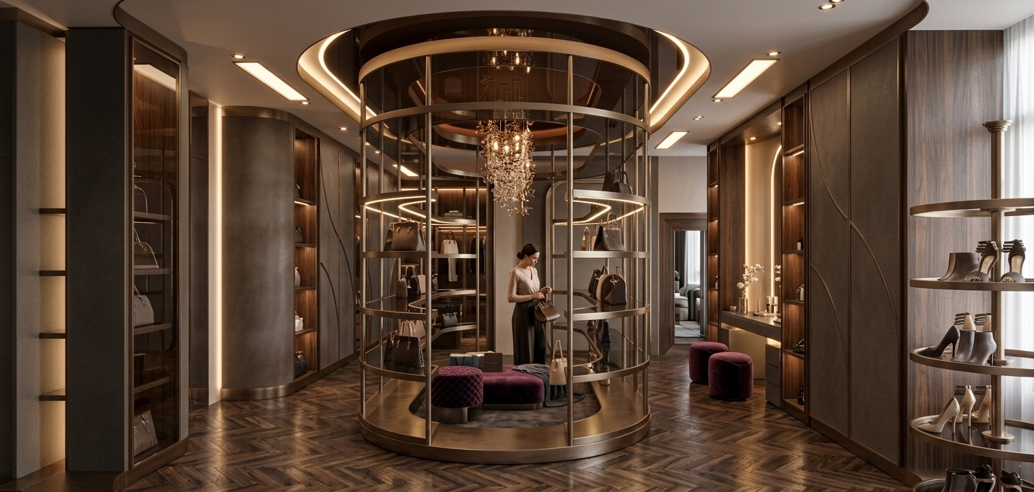 An incredibly lifelike, richly detailed, photorealistic wide-angle interior architectural rendering of an ultra-luxury walk-in closet suite set in a contemporary high-end residence. The scene is illuminated by warm, concealed LED strip lighting lining the shelves, delicate ambient recessed spotlights, and a soft glow from the central bronze chandelier, creating a glamorous, sophisticated, and intimate atmosphere. Captured with a full-frame architectural camera and a 24mm wide-angle lens, emphasizing the rich brushed champagne-bronze framing, dark herringbone parquet wood floor tiles, and polished glossy finishes. 

At the center stands a magnificent, two-story-style cylindrical showcase crafted with curved metallic bronze accents and smoked glass shelves displaying pristine designer handbags, where an elegantly dressed woman is seen thoughtfully curating and arranging luxury leather goods near a tufted velvet ottoman. The refined ceiling incorporates a reflective brown PVC mirror accent that mirrors the warm light fixtures and adds dramatic vertical depth. Surrounding floor-to-ceiling bespoke dark walnut and muted leather-paneled wardrobes are accented by soft vertical light troughs, while a dedicated shoe display rotunda and a softly glowing, minimalist vanity station with plush cylindrical poufs complete this masterfully crafted space of contemporary elegance.