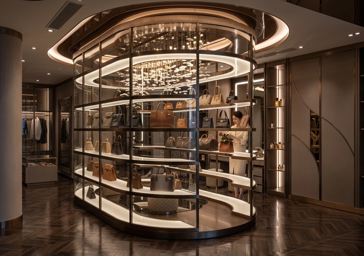An incredibly lifelike, richly detailed, photorealistic wide-angle interior photograph of an ultra-luxurious walk-in closet set in a high-end contemporary penthouse. The scene is illuminated by soft, concealed LED strip lighting, backlit shelving, and warm overhead directional spotlights, creating a moody, intimate, and sophisticated atmosphere. Captured with a 24mm tilt-shift architectural lens at 8K clarity, emphasizing the glossy sheen of the dark herringbone wood tile flooring, brushed bronze metallic frames, and high-gloss reflective brown PVC mirror inserts in the multi-tiered tray ceiling. In the center, a striking curved oval glass vitrine showcases an exquisite collection of luxury leather handbags with flawless reflections and subtle internal glow. In the background near the illuminated vanity and sleek wardrobe cabinets, an elegantly dressed woman is captured in a natural, candid moment thoughtfully preparing and styling designer bags, embodying pure contemporary elegance and boutique-level refinement.