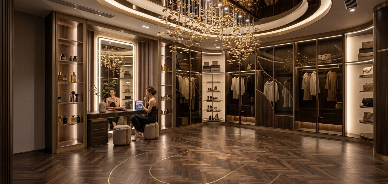 An incredibly lifelike, richly detailed, photorealistic wide-angle interior photograph of an opulent modern-fusion walk-in closet and dressing suite set in a luxury penthouse residence. The scene is illuminated by concealed warm LED strip lighting lining the cabinetry, an elegantly glowing backlit vanity mirror, and soft recessed ceiling spotlights, creating an intimate, glamorous, and refined atmosphere. Captured with a full-frame architectural camera and a 24mm tilt-shift lens, emphasizing the rich dark herringbone wood tile floor, polished reflections across tinted glass displays, and the sleek bronze-finish PVC mirror inlay within the curved circular ceiling tray. 

In the center-left composition, a stylish woman sits gracefully on a bespoke velvet-upholstered vanity stool, attending to her evening beauty routine before the illuminated fluted-wood vanity. Seamlessly integrated custom millwork curves along the perimeter, detailed with brushed champagne-gold trims, organized wardrobe bays, an illuminated revolving footwear carousel, and display shelves housing luxury perfumes and curated accessories. Suspended from the glossy reflective ceiling, an intricate floating chandelier of golden leaves casts delicate, dappled shadows across the expansive dressing floor, accentuating the ultra-luxurious depth, crisp textures, and cinematic 8K visual fidelity of the space.