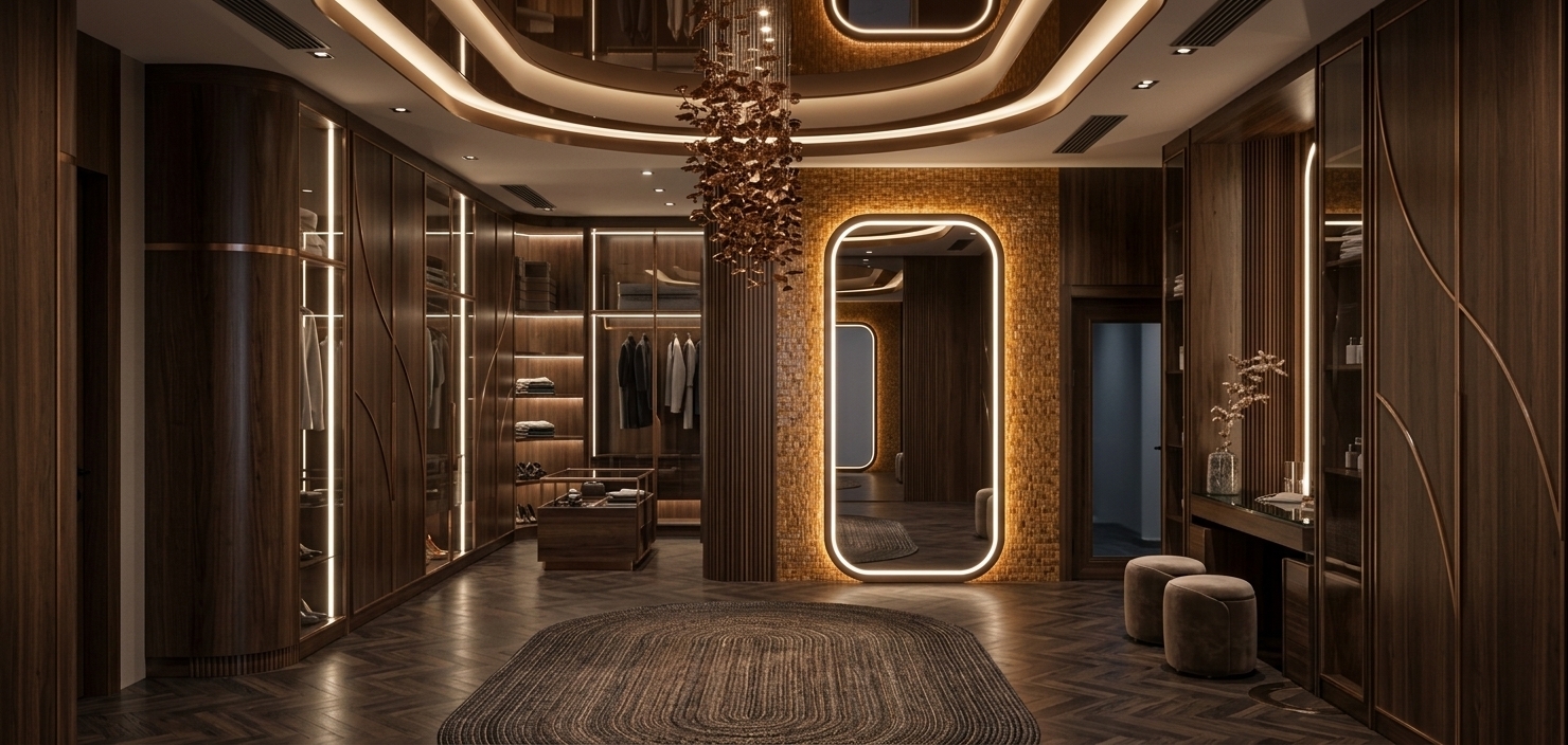 An incredibly lifelike, richly detailed, photorealistic wide-angle interior shot of a luxury modern fusion walk-in closet set in an opulent high-end penthouse. The scene is illuminated by warm, diffused cove lighting integrated into the layered ceiling, gentle backlit glow from the full-length capsule mirror, and delicate spotlights within the custom cabinetry, creating an intimate, sophisticated, and glamorous atmosphere. Captured with a 24mm architectural tilt-shift lens at 8K resolution, emphasizing the glossy brown PVC mirror finish lining the curved ceiling recesses, the deep matte-sheen herringbone dark wood floor tiles, and the exquisite cascading bronze leaf chandelier. 

Flanking the spacious room, bespoke dark-wood wardrobes feature smoked glass panels, refined metallic trim, and integrated vertical LED light strips that cast gentle reflections across the pristine surfaces. At the visual anchor of the space, a backlit arched mirror rests against an amber mosaic-tiled accent wall, flanked by ribbed vertical paneling, an elegant central accessory island, and a sleek integrated vanity table complete with plush velvet cylindrical ottomans.