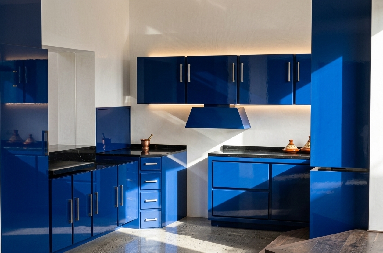 An incredibly lifelike, richly detailed, photorealistic wide-angle interior shot of a bespoke kitchen infused with Moroccan mystique set in a luxurious contemporary riad. The scene is illuminated by dramatic natural sunlight casting bold geometric shadows alongside warm ambient under-cabinet lighting, creating an exotic, warm, and sophisticated atmosphere. Captured with a high-end architectural camera and a 24mm tilt-shift lens, emphasizing the high-gloss sheen of the deep cobalt and royal blue cabinetry, sleek polished black stone countertops, and brushed metallic handles. The space harmonizes modern clean lines with rich Middle Eastern elegance, featuring crisp plaster walls, polished reflective flooring, and beautifully integrated upper and lower storage units that anchor this vibrant, opulent culinary sanctuary.