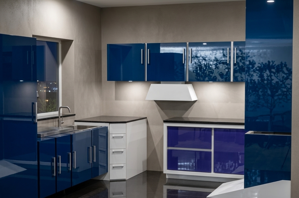 An incredibly lifelike, richly detailed, photorealistic wide-angle interior shot of a sleek modern kitchen set in a contemporary luxury residence on a quiet spring night. The scene is illuminated by crisp, focused architectural spotlights and ambient interior downlights, creating a serene, digital zen atmosphere characterized by striking contrast and sharp geometric shadows. Captured with a professional full-frame camera and a 24mm architectural tilt-shift lens, emphasizing the mirror-like reflections across the high-gloss deep sapphire-blue lacquer cabinetry, polished black granite countertops, and streamlined brushed-aluminum bar handles. The balanced composition showcases immaculate minimalist joinery, textured neutral wall finishes, and a dark reflective floor, perfectly embodying high-end modern sophistication and tranquil culinary design.