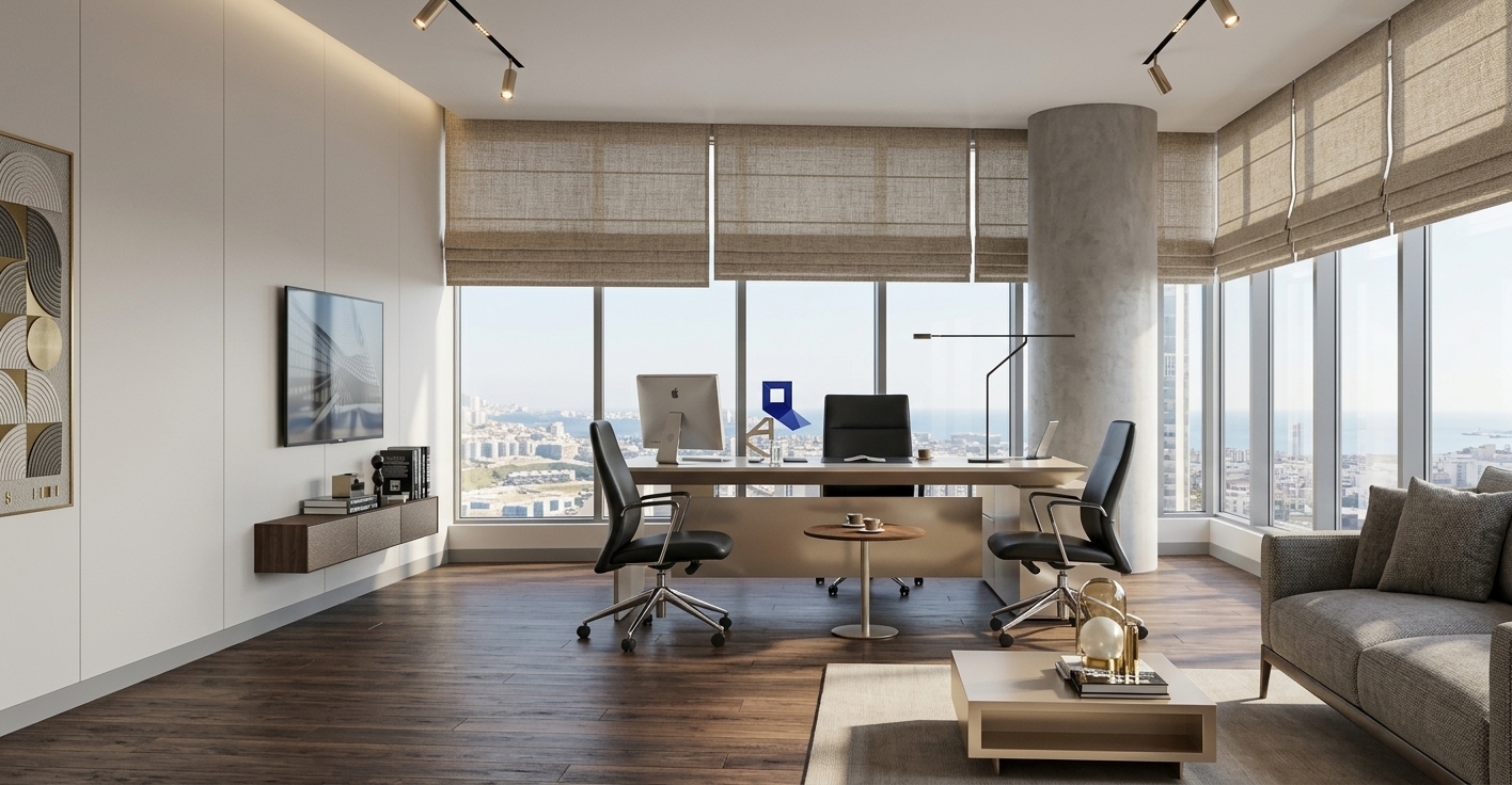 An incredibly lifelike, richly detailed, photorealistic wide-angle interior photograph of an executive home office suite set in a luxurious high-rise overlooking a sprawling city and coastal skyline. The scene is illuminated by gentle, diffused daylight pouring through expansive floor-to-ceiling windows alongside sleek, warm-toned ceiling track spotlights, creating an airy, refined, and sophisticated atmosphere. Captured with a professional 24mm tilt-shift architectural lens, emphasizing the rich grain of dark timber flooring, the smooth texture of an imposing structural column, and tactile, tailored woven Roman blinds. At the heart of the room sits a contemporary executive workstation accented with polished pearl and warm champagne surfaces, flanked by sleek black leather swivel chairs. In the foreground lounge area, a tailored upholstered sofa in soft gray pairs with a low-profile minimalist coffee table styled with photography books and curated sculptural decor, while geometric abstract wall art and a floating media console complete this balanced, elegant sanctuary of contemporary productivity.