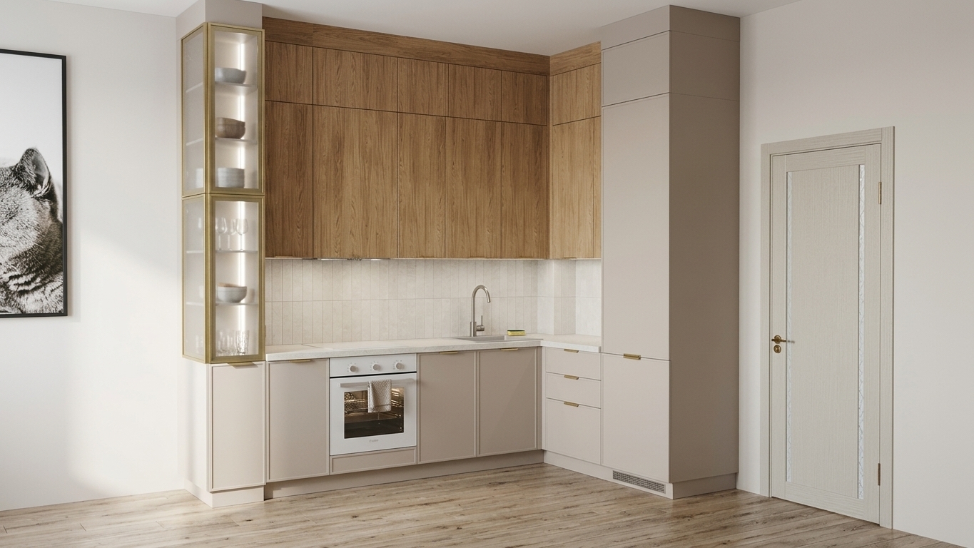 An eye-level architectural interior photograph capturing the exact modern kitchen layout with authentic photorealism. Soft, natural daylight diffuses across the room, illuminating realistic vertical wood grain on the upper cabinets and warm matte finishes on the beige cabinetry. The polished countertop, textured backsplash, and metallic faucet exhibit delicate reflections, while the left glass display unit shows subtle interior depth with brushed brass trim. Natural ambient occlusion and soft shadows fall across the wood flooring and white interior door, producing authentic depth with balanced exposure, sharp focus, and natural lens characteristics.