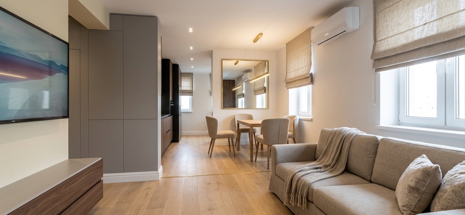 An incredibly lifelike, richly detailed, photorealistic wide-angle interior photograph of a bright modern fusion kitchen-living room with an open dining area set in an elegant contemporary apartment. The scene is illuminated by soft, natural daylight pouring through the far windows draped with tailored roman blinds, beautifully complemented by warm recessed ceiling spotlights and a sleek designer pendant lamp glowing softly directly over the dining table, creating a serene, sophisticated, and welcoming atmosphere. Captured with a full-frame camera and a 24mm tilt-shift architectural lens, emphasizing luxurious fabric textures, smooth plaster walls, and realistic ambient reflections. In the right foreground, a comfortable neutral-toned sofa is styled with a draped, textured knit throw blanket and plush decorative accent cushions, leading the eye to the central dining space where a modern minimalist table and upholstered chairs sit beneath a striking, large rectangular wall mirror that visually expands the room and bounces ambient light. On the left, a streamlined floating media console and a crisp partition wall guide the perspective past the fully integrated, dark-accented kitchen corridor, all tied together by flawless light wood flooring, pristine architectural baseboards, and a seamlessly mounted climate control unit.