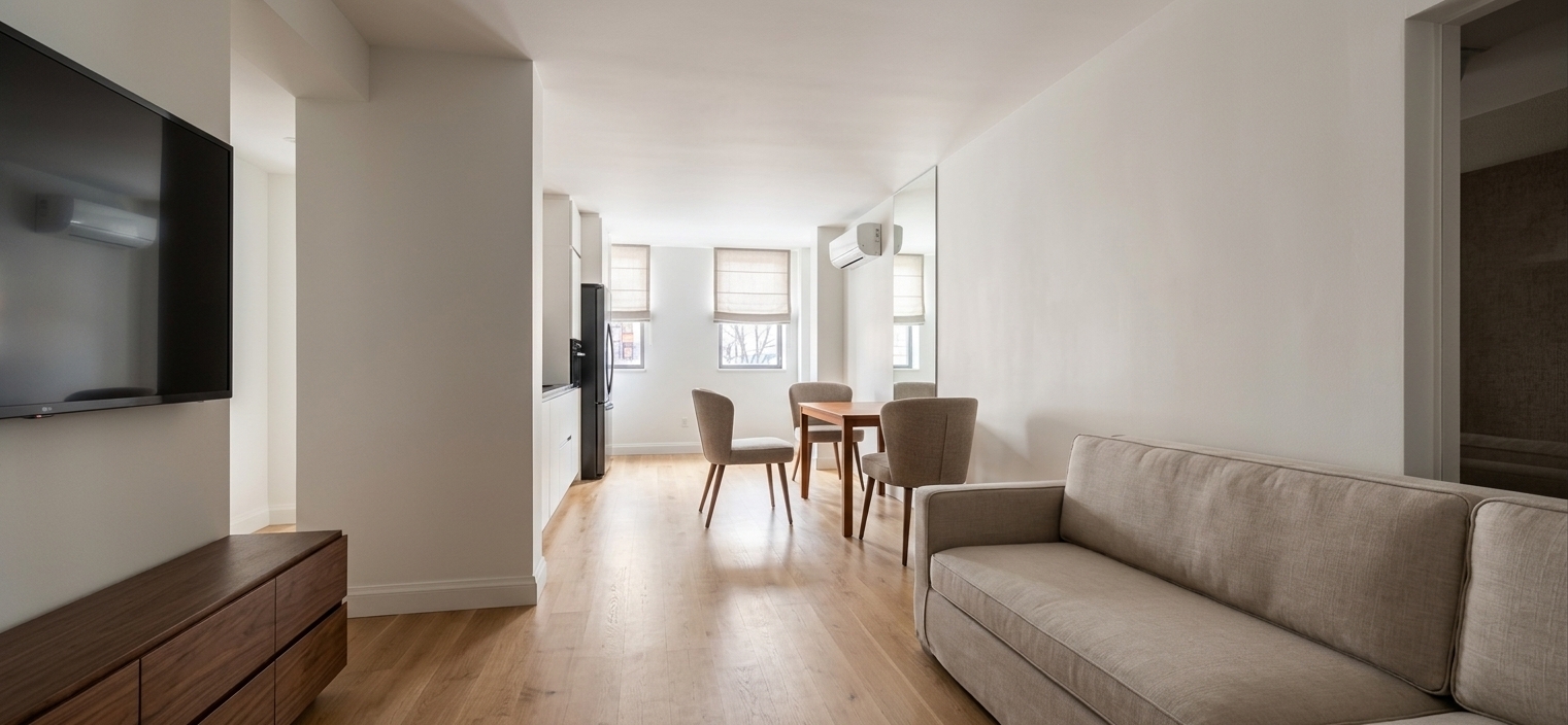 An incredibly lifelike, richly detailed, photorealistic wide-angle interior photo of an open-concept living and dining room set in a sophisticated mid-century modern apartment. The scene is illuminated by soft, diffused daylight gently pouring through the two far windows fitted with elegant neutral Roman shades, creating an airy, serene, and warm atmosphere. Captured with a 24mm architectural lens, emphasizing tactile textured upholstery, smooth matte wall finishes, and the organic richness of polished wood grains. In the foreground, a low-profile sofa with plush neutral-toned cushions rests opposite a sleek media console and mounted flat-screen, while a central partition wall smartly conceals a streamlined kitchen nook on the left. The natural flow of the room guides the eye toward the inviting dining space in the back, defined by a minimalist wooden dining table accompanied by sculptural, retro-inspired upholstered dining chairs with sleek tapered legs, all seamlessly brought together by continuous light oak flooring and immaculate architectural lines.