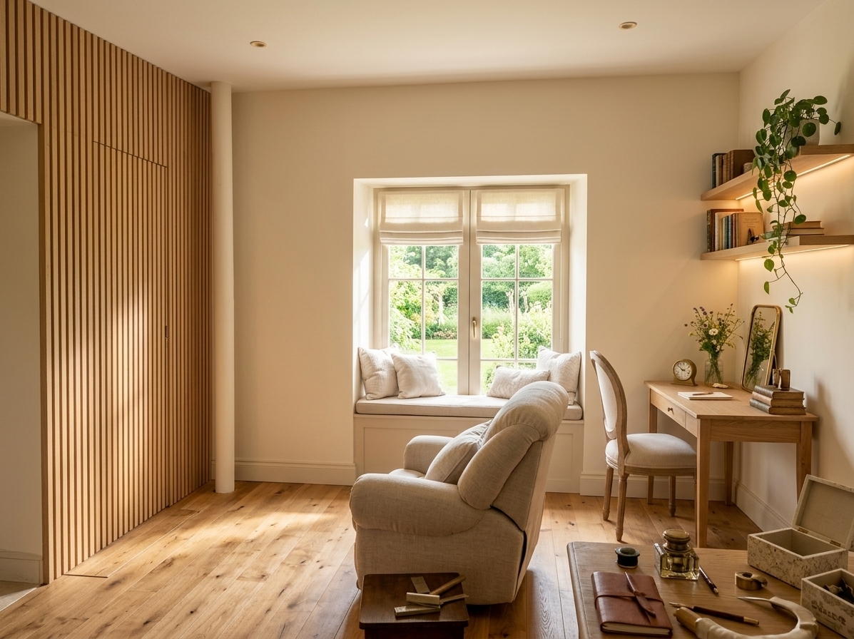 An incredibly lifelike, richly detailed, photorealistic wide-angle interior shot of a transformed young woman's bedroom set in an idyllic country home. The scene is illuminated by soft, sun-drenched midday summer light pouring through the tall French window, creating an airy, peaceful, and romantic French country atmosphere. Captured with a professional 24mm architectural lens, emphasizing natural wood grains, tactile linen fabrics, and delicate brass accents.

Occupying the entire left span is a walk-in dressing room conceived as an intimate enclosed boutique, seamlessly partitioned behind a chic wall of vertical white-oak wood slats with an integrated flush door. The central French window is dressed in tailored, cream linen Roman blinds and upgraded with a built-in low bench seating area scattered with plush decorative cushions that overlook the verdant garden outside. To the right of the window, a dedicated study nook features a slender natural wood writing desk paired with an elegant upholstered chair, topped by floating timber shelves adorned with curated books, trailing greenery, and subtle under-shelf warm LED lighting, harmonizing rustic charm with effortless everyday modern living.