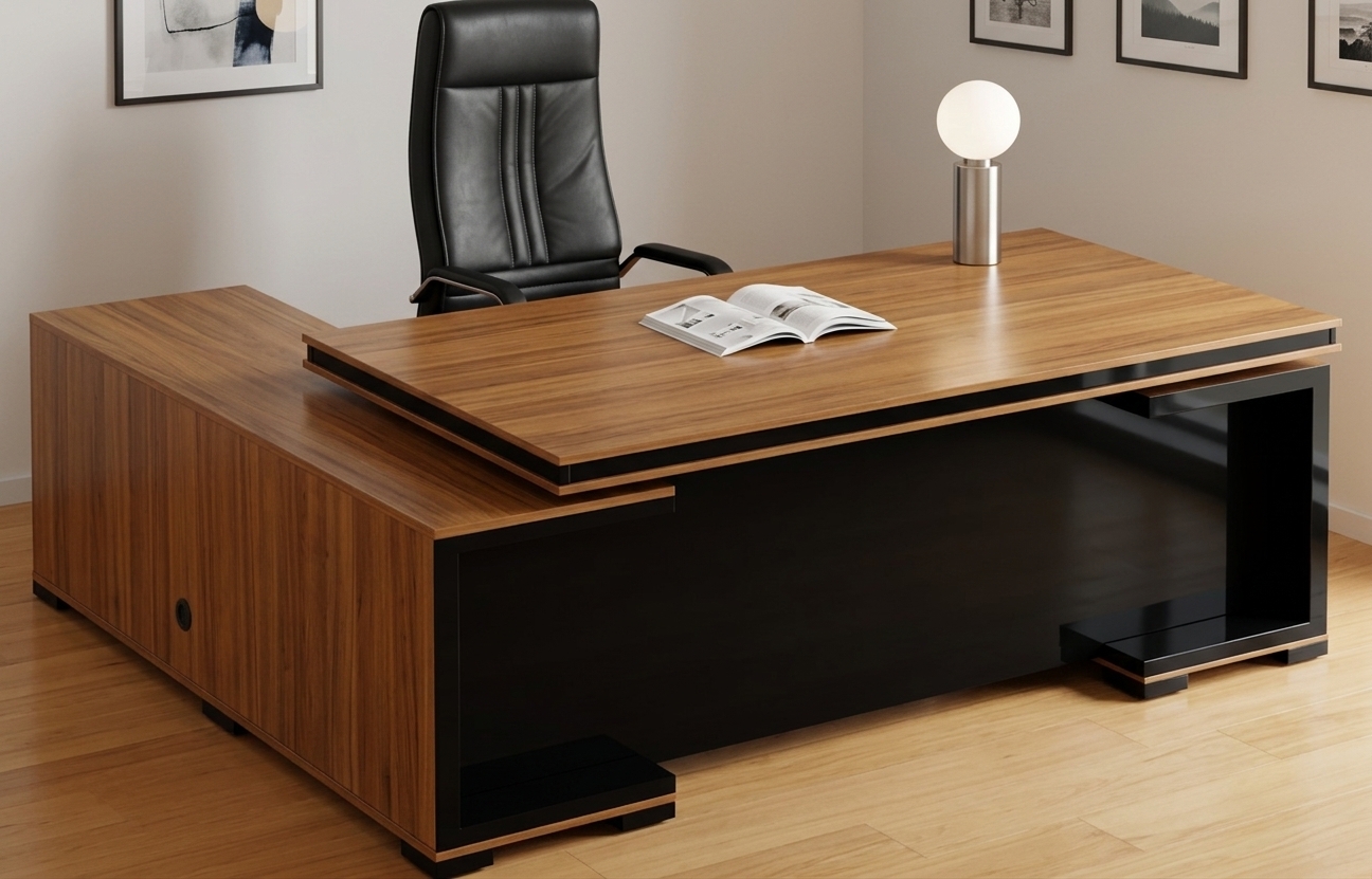 An incredibly lifelike, richly detailed, photorealistic medium shot of an executive workstation set in an upscale modern fusion home office. The scene is illuminated by soft, diffused warm ambient light combined with gentle daylight, creating a refined and authoritative atmosphere. Captured with a professional full-frame camera and a 50mm f/2.8 lens, emphasizing the rich natural wood grain textures, polished reflections, and supple leather surfaces. The focal point is the substantial L-shaped executive desk crafted from warm honey-brown walnut veneer, featuring a seamless, solid high-gloss black modesty panel completely free of any white grid lines for an ultra-sleek, minimalist modern profile. Behind the expansive desktop, an ergonomic high-back black leather executive chair with clean vertical stitched accents rests comfortably, while a minimalist magazine lies open across the smooth desk surface, all set against a polished light-toned floor and neutral contemporary walls.
